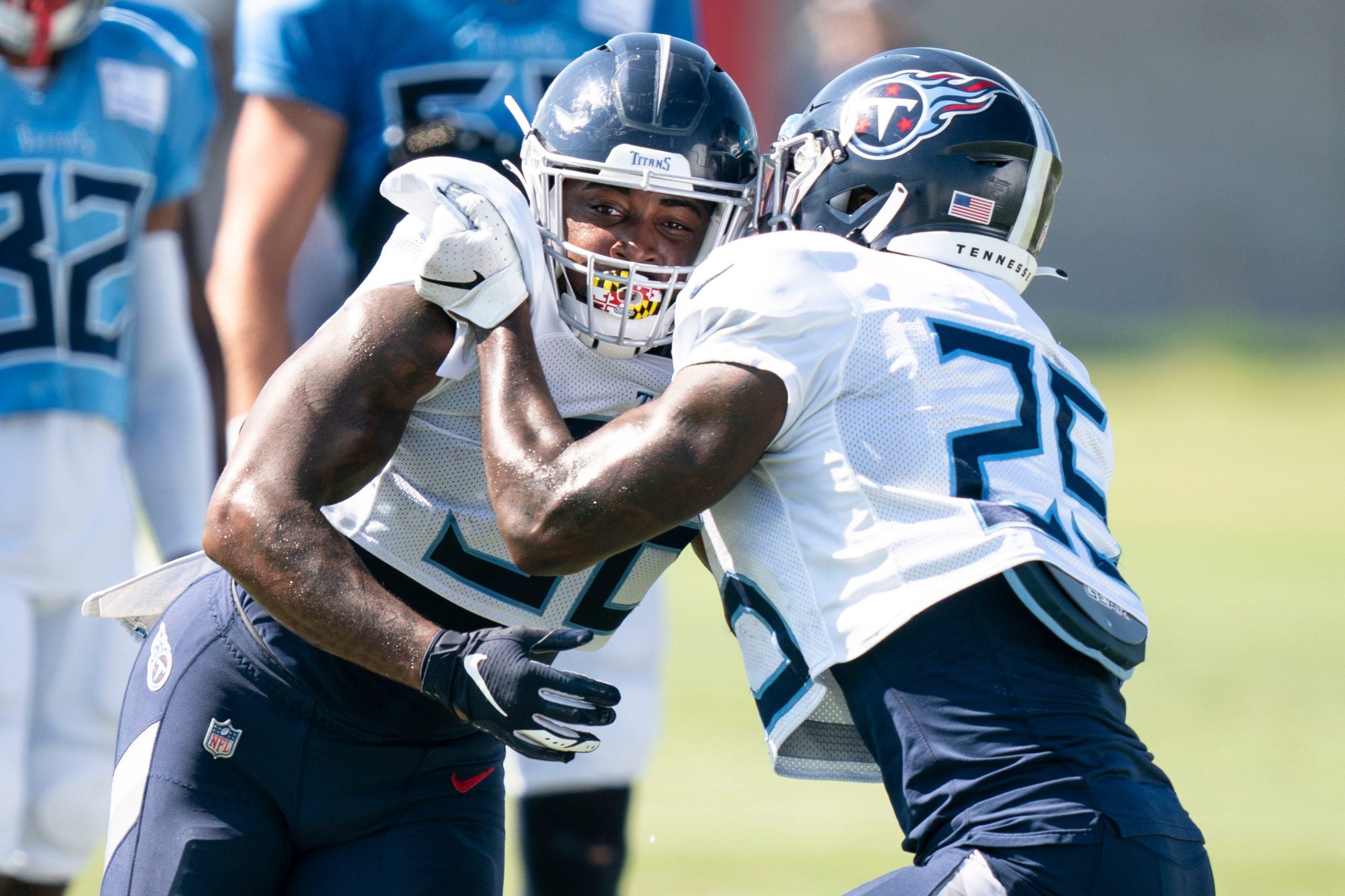 Tennessee Titans running back Julius Chestnut (36) trees to get past running back Hassan Haskins (25) during special teams drills of a training camp practice at Ascension Saint Thomas Sports Park Sunday, Aug. 7, 2022, in Nashville, Tenn. Nas 0807 Titans 008