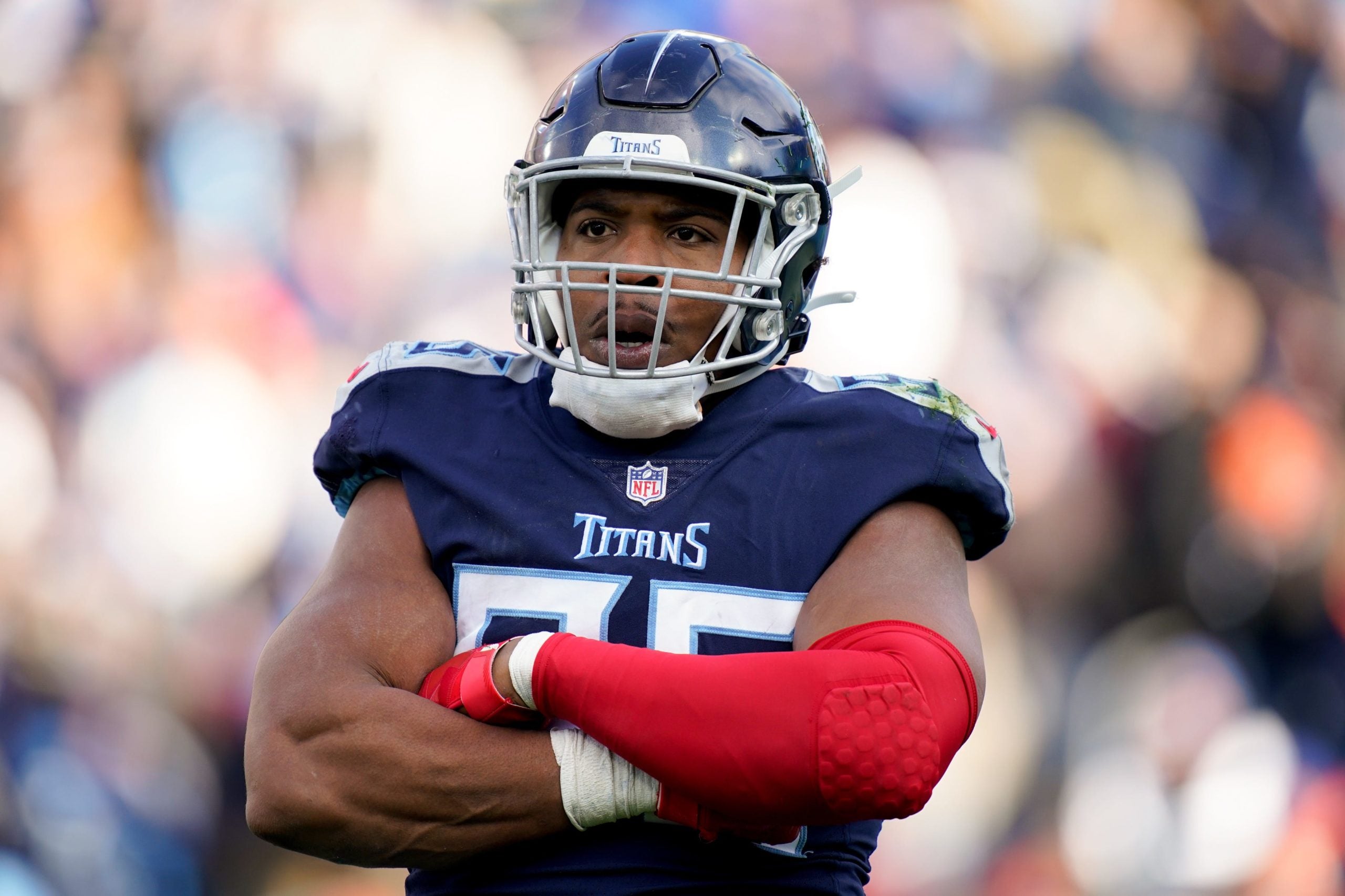 Tennessee Titans defensive end DeMarcus Walker (95) strikes a pose after sacking Denver Broncos quarterback Russell Wilson (3) during the third quarter at Nissan Stadium Sunday, Nov. 13, 2022, in Nashville, Tenn. Nfl Denver Broncos At Tennessee Titans