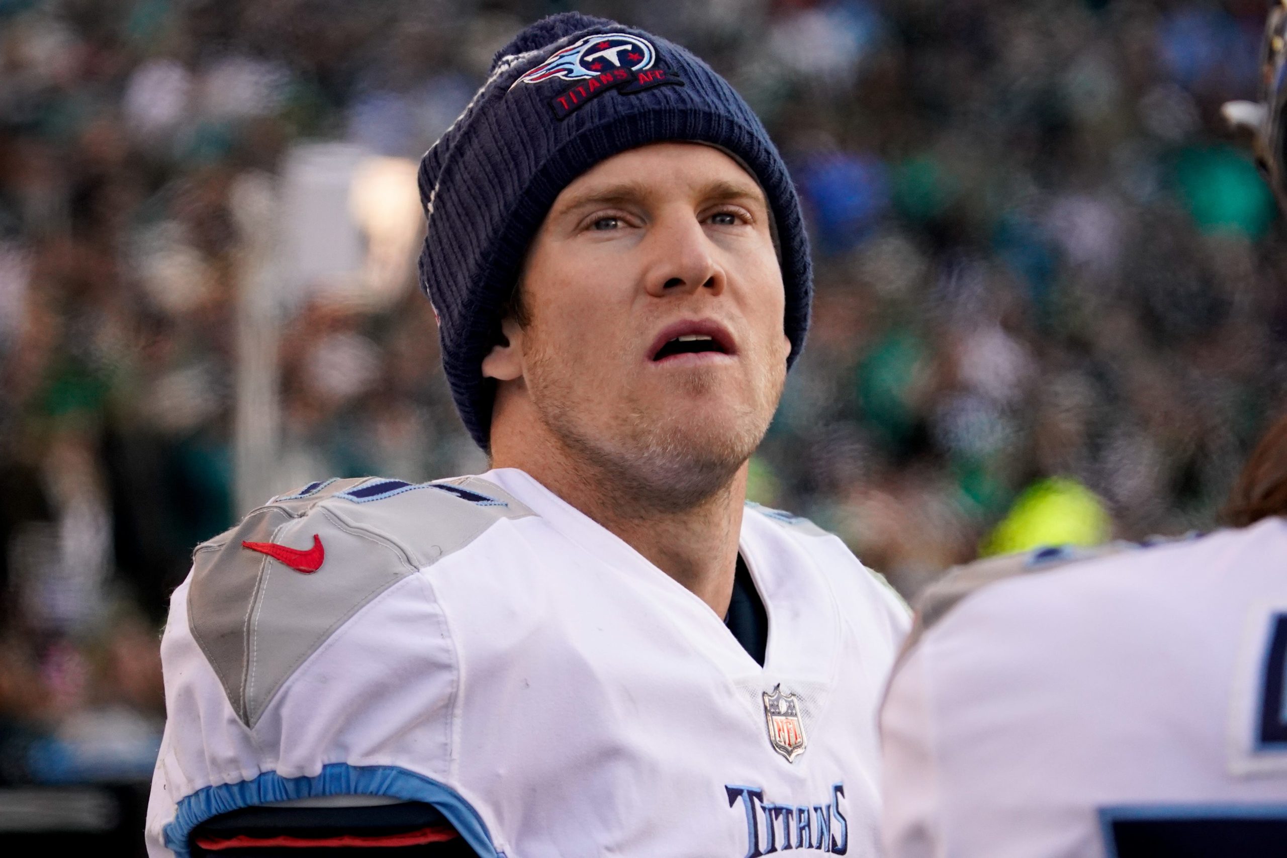 Tennessee Titans quarterback Ryan Tannehill (17) looks on from the sidelines during the third quarter at Lincoln Financial Field Sunday, Dec. 4, 2022, in Philadelphia, Pa. Nfl Tennessee Titans At Philadelphia Eagles