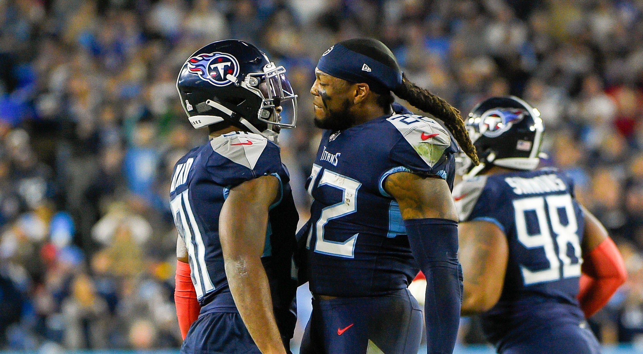 Oct 18, 2021; Nashville, Tennessee, USA;  Tennessee Titans running back Derrick Henry (22) celebrates the play of free safety Kevin Byard (31) during the first half against the Buffalo Bills at Nissan Stadium. Mandatory Credit: Steve Roberts-USA TODAY Sports
