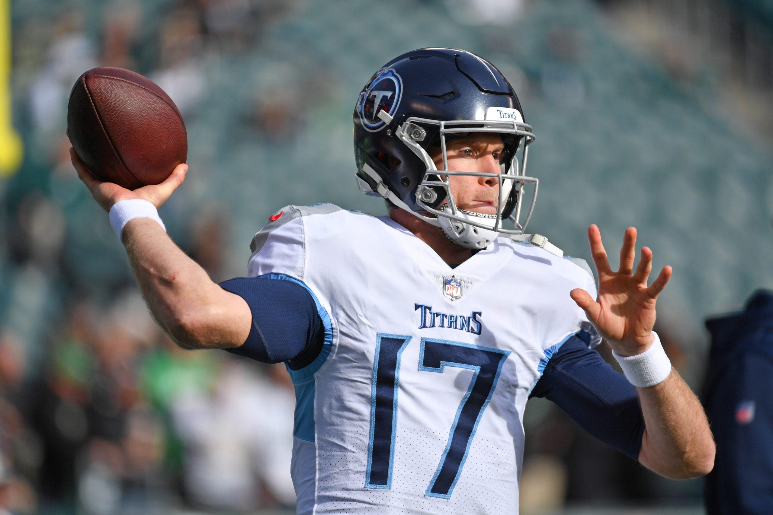 Dec 4, 2022; Philadelphia, Pennsylvania, USA; Tennessee Titans quarterback Ryan Tannehill (17) during warmups against the Philadelphia Eagles at Lincoln Financial Field. Mandatory Credit: Eric Hartline-USA TODAY Sports
