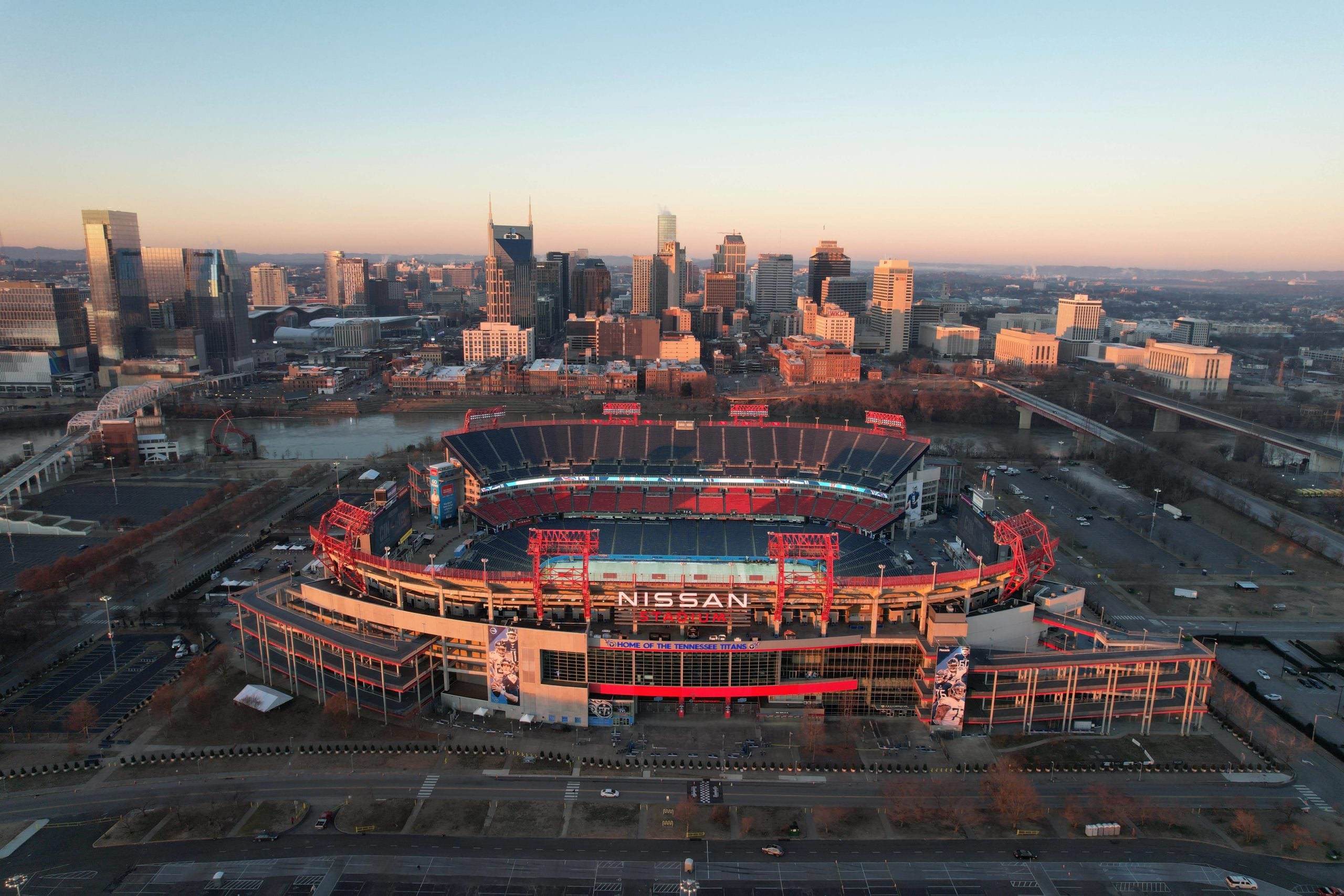 Jan 22, 2022; Nashville, Tennessee, USA; A general overall aerial view of Nissan Stadium and the downtown skyline. Mandatory Credit: Kirby Lee-USA TODAY Sports