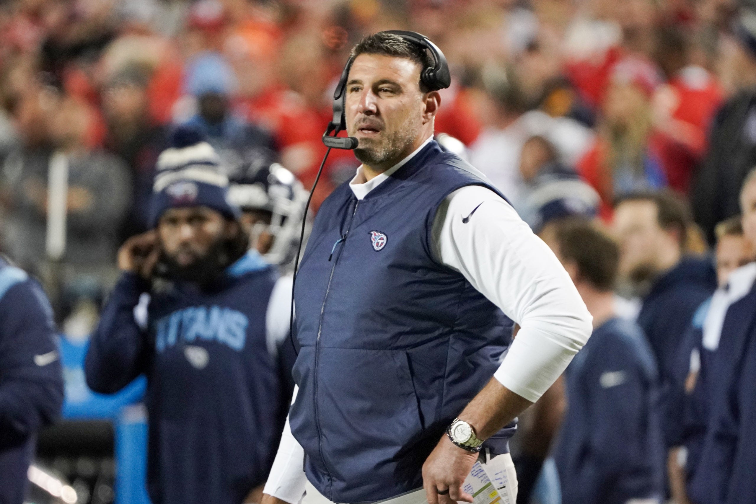 Nov 6, 2022; Kansas City, Missouri, USA; Tennessee Titans head coach Mike Vrabel watches play against the Kansas City Chiefs during the first half of the game at GEHA Field at Arrowhead Stadium. Mandatory Credit: Denny Medley-USA TODAY Sports