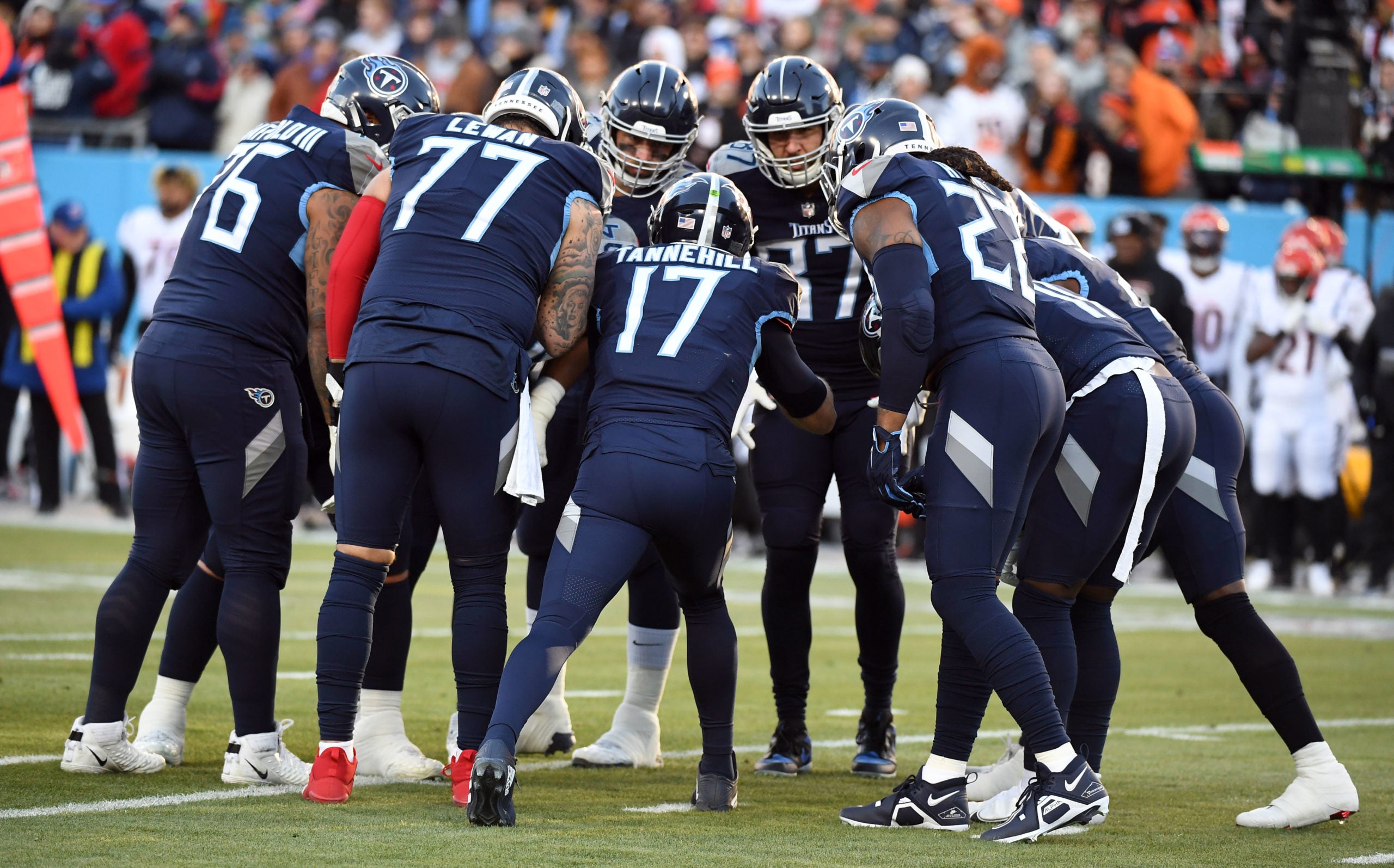Jan 22, 2022; Nashville, Tennessee, USA; Tennessee Titans quarterback Ryan Tannehill (17) talks in a huddle against the Cincinnati Bengals during a AFC Divisional playoff football game at Nissan Stadium. Mandatory Credit: Christopher Hanewinckel-USA TODAY Sports