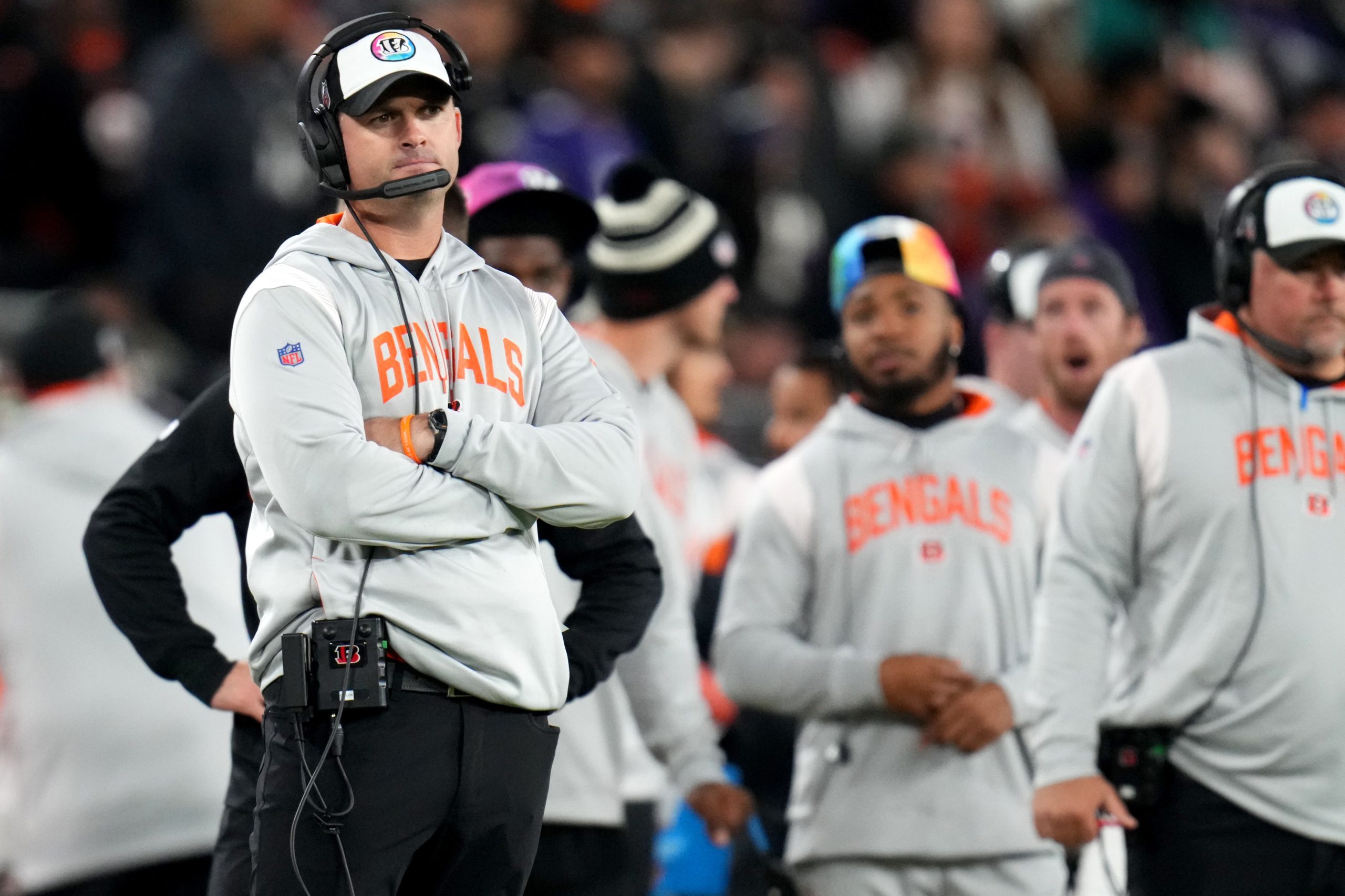 Cincinnati Bengals head coach Zac Taylor looks on before a snap in the third quarter during an NFL Week 5 game against the Baltimore Ravens, Sunday, Oct. 9, 2022, at M&T Bank Stadium in Baltimore. Nfl Cincinnati Bengals At Baltimore Ravens Oct 9 0281