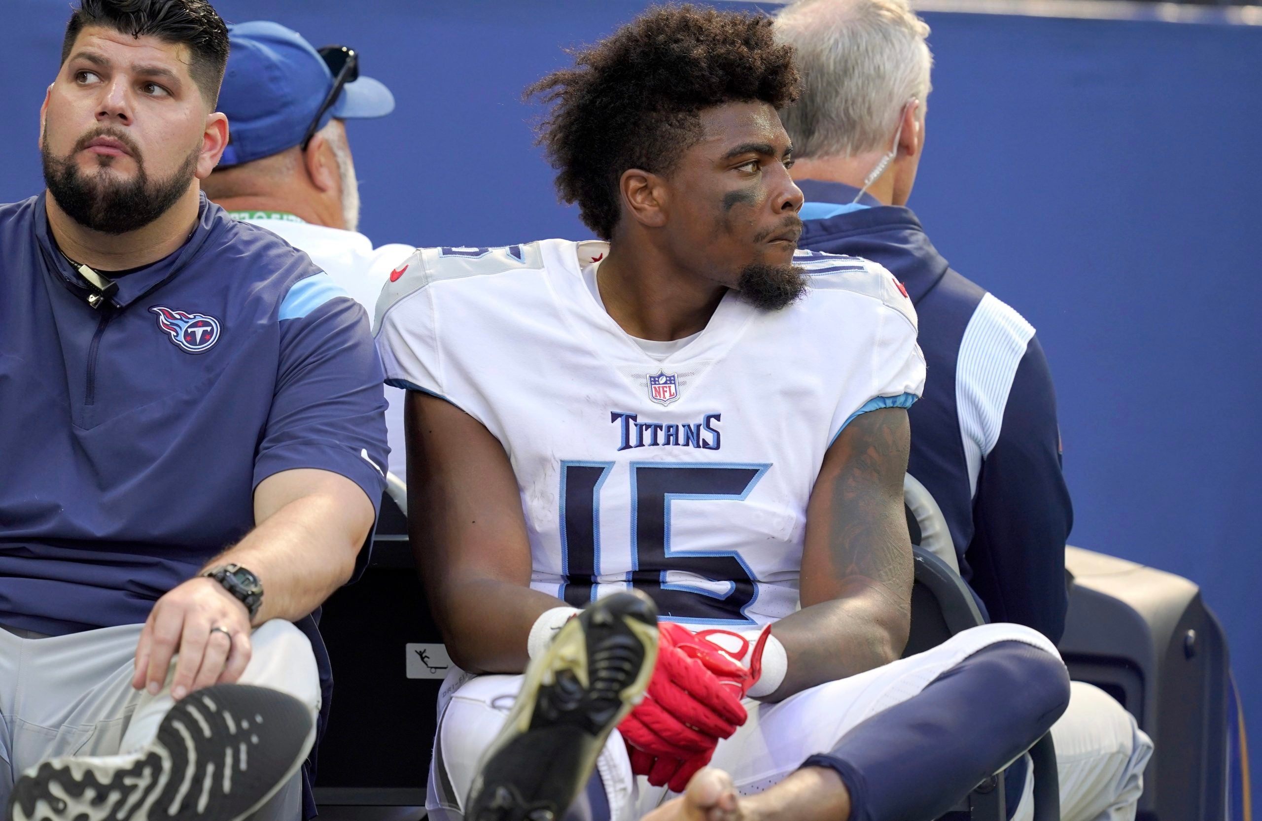 Oct 2, 2022; Indianapolis, Indiana, USA; Tennessee Titans wide receiver Treylon Burks (16) is carted off the field after an injury following a play against the Indianapolis Colts during the first half at Lucas Oil Stadium. Mandatory Credit: Armond Feffer/IndyStar-USA TODAY NETWORK Nfl Tennessee Titans At Indianapolis Colts