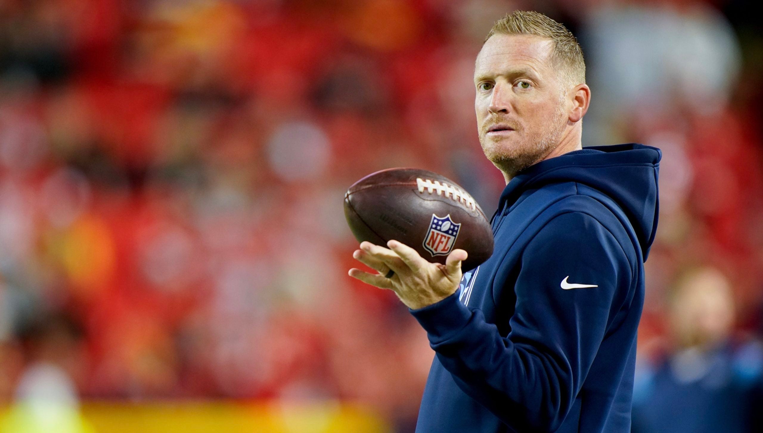 Tennessee Titans offensive coordinator Todd Downing watches the team warm up before facing the Kansas City Chiefs at GEHA Field at Arrowhead Stadium Sunday, Nov. 6, 2022, in Kansas City, Mo. Nfl Tennessee Titans At Kansas City Chiefs