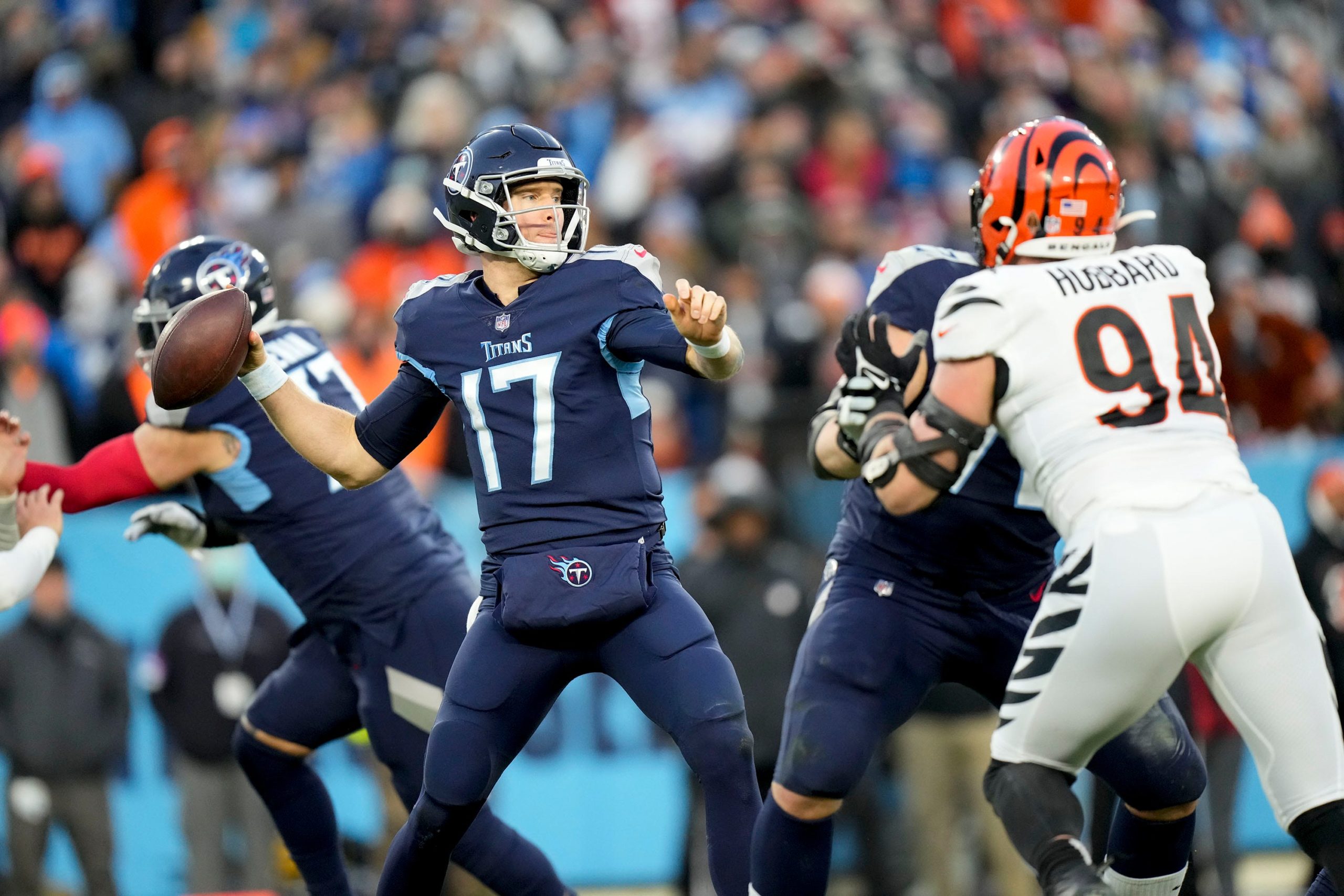 Tennessee Titans quarterback Ryan Tannehill (17) passes the ball during the second quarter of an AFC divisional playoff game at Nissan Stadium Saturday, Jan. 22, 2022 in Nashville, Tenn. Titans Bengals 162