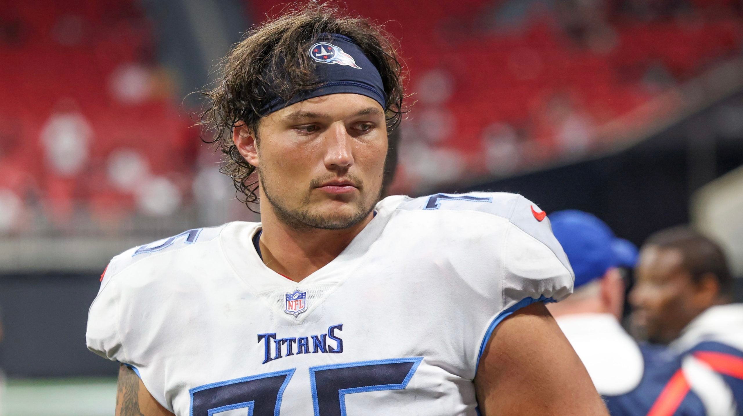 Aug 13, 2021; Atlanta, Georgia, USA; Tennessee Titans offensive tackle Dillon Radunz (75) on the sideline during their game against the Atlanta Falcons at Mercedes-Benz Stadium. Mandatory Credit: Jason Getz-USA TODAY Sports