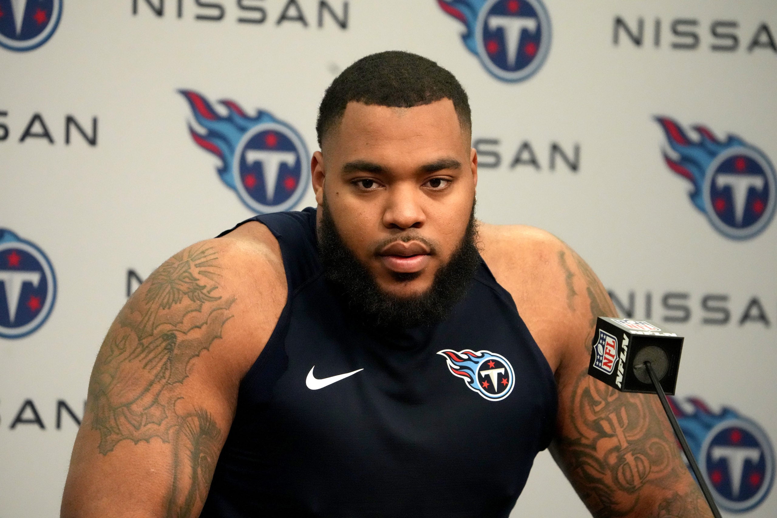 Jan 22, 2022; Nashville, Tennessee, USA; Tennessee Titans defensive end Jeffery Simmons (98) during a press conference after losing the AFC Divisional playoff football game 19-16 to the Cincinnati Bengals at Nissan Stadium. Mandatory Credit: Kirby Lee-USA TODAY Sports