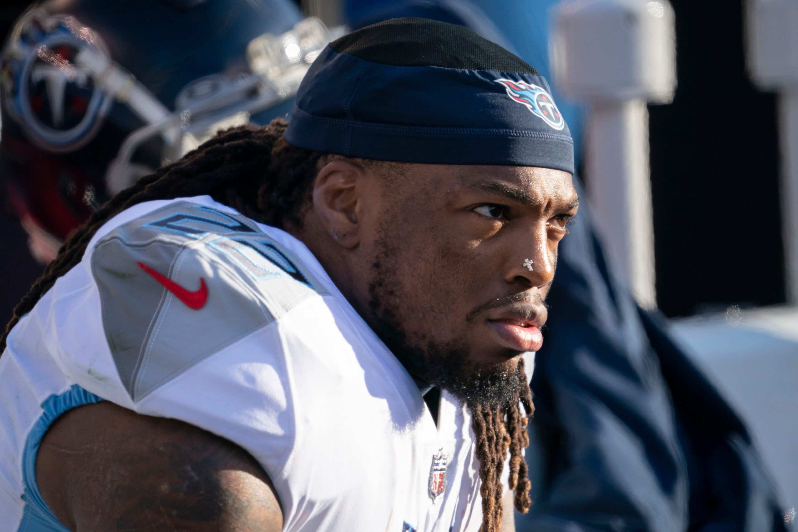 Tennessee Titans running back Derrick Henry (22) looks onto the field from the sideline during the thirds quarter of the game against the Philadelphia Eagles at Lincoln Financial Field Sunday, Dec. 4, 2022, in Philadelphia, Pa. Nfl Tennessee Titans At Philadelphia Eagles