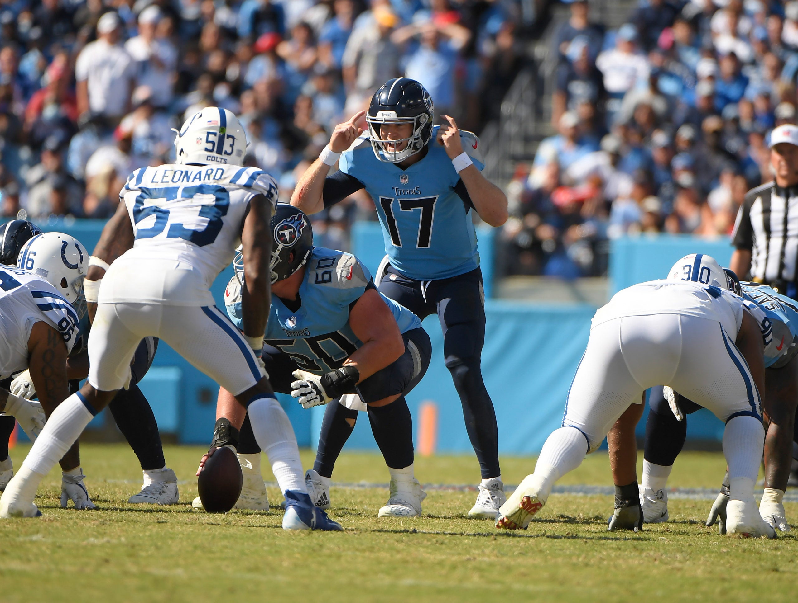 Sep 26, 2021; Nashville, Tennessee, USA;  Tennessee Titans quarterback Ryan Tannehill (17) changes the play against the Indianapolis Colts during the second half at Nissan Stadium. Mandatory Credit: Steve Roberts-USA TODAY Sports