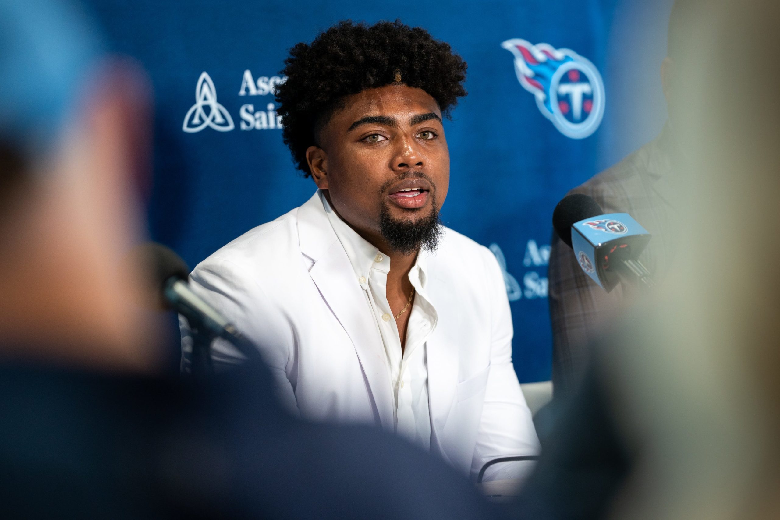 Tennessee Titans first round draft pick wide receiver Treylon Burks speaks during an introductory press conference at Saint Thomas Sports Park in Nashville, Tenn., Friday, April 29, 2022. Treylonburks 042922 An 007