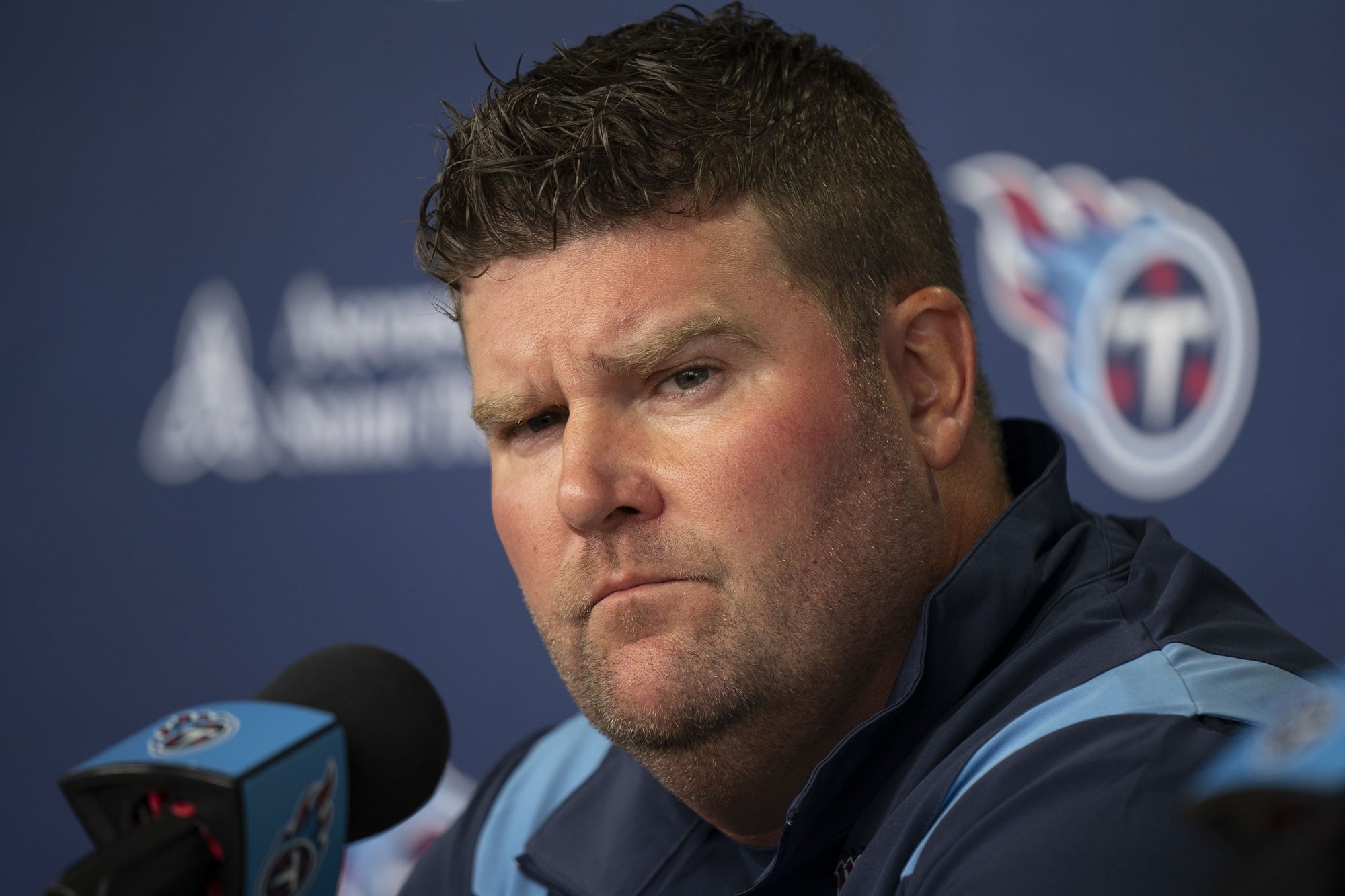 Jul 28, 2022; Nashville, Tennessee, USA;  Tennessee Titans general manager Jon Robinson responds to questions from the media about the start of training camp during a press conference at Saint Thomas Sports Park. Mandatory Credit: George Walker IV-USA TODAY Sports