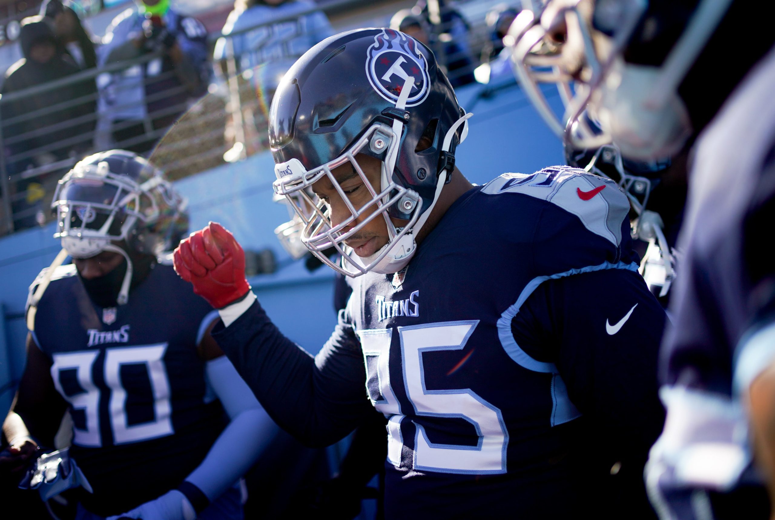 Tennessee Titans defensive end DeMarcus Walker (95) huddles with his team before facing the Houston Texans at Nissan Stadium in Nashville, Tenn., Saturday, Dec. 24, 2022. Nfl Houston Texans At Tennessee Titans