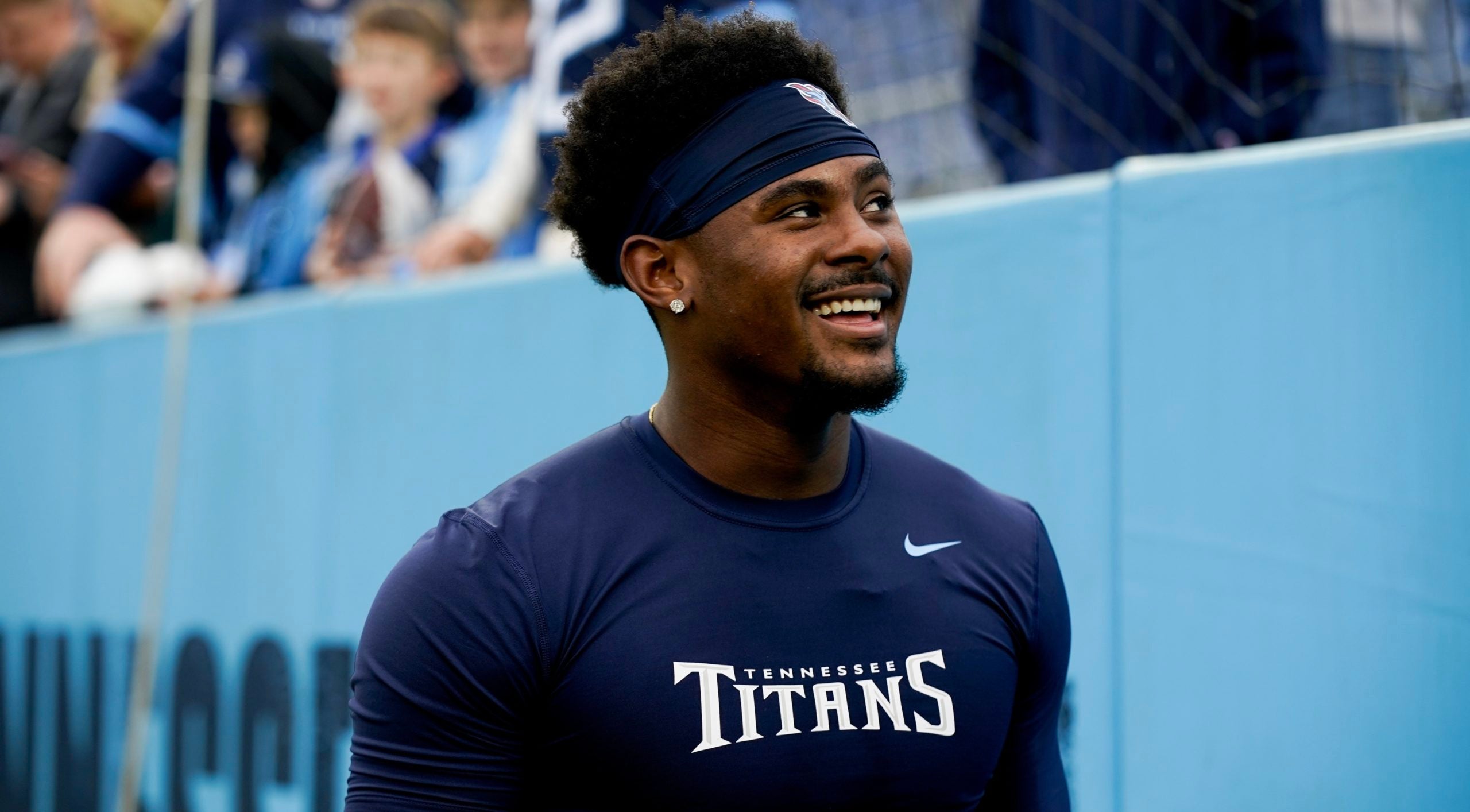 Dec 11, 2022; Nashville, Tennessee, USA; Tennessee Titans quarterback Malik Willis (7) smiles at fans as the team gets ready to face the Jacksonville Jaguars at Nissan Stadium. Mandatory Credit: George Walker IV/The Tennessean-USA TODAY Sports