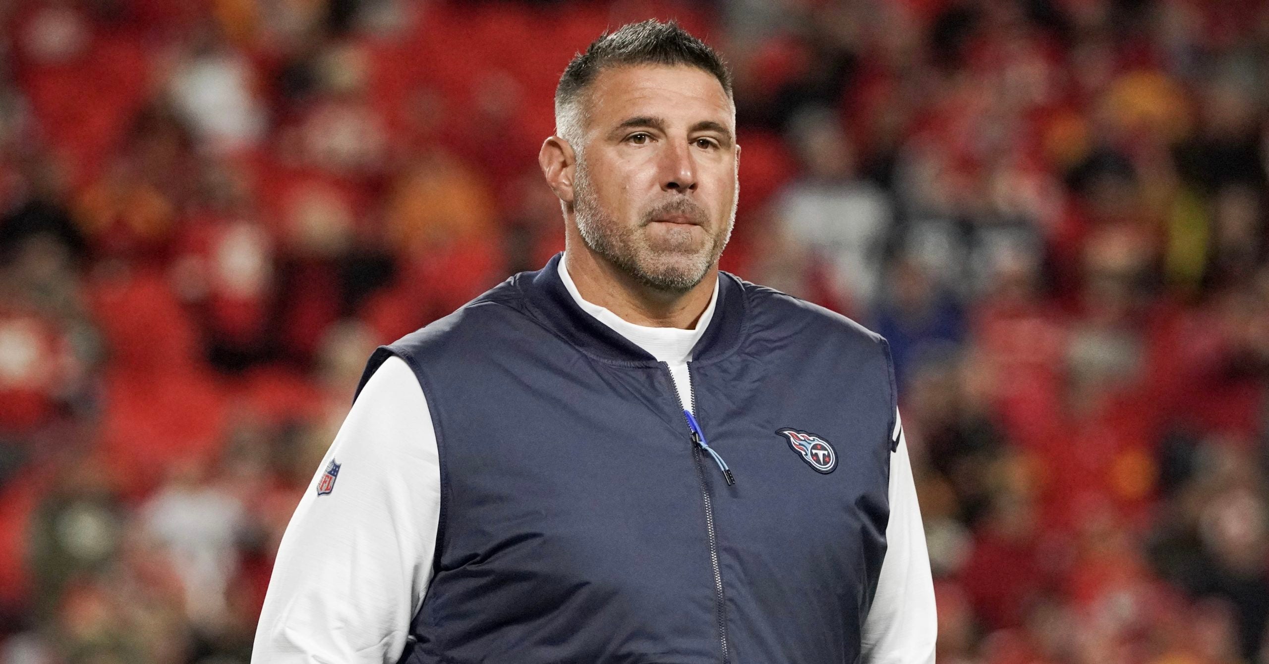 Nov 6, 2022; Kansas City, Missouri, USA; Tennessee Titans head coach Mike Vrabel on field against the Kansas City Chiefs prior to a game game at GEHA Field at Arrowhead Stadium. Mandatory Credit: Denny Medley-USA TODAY Sports