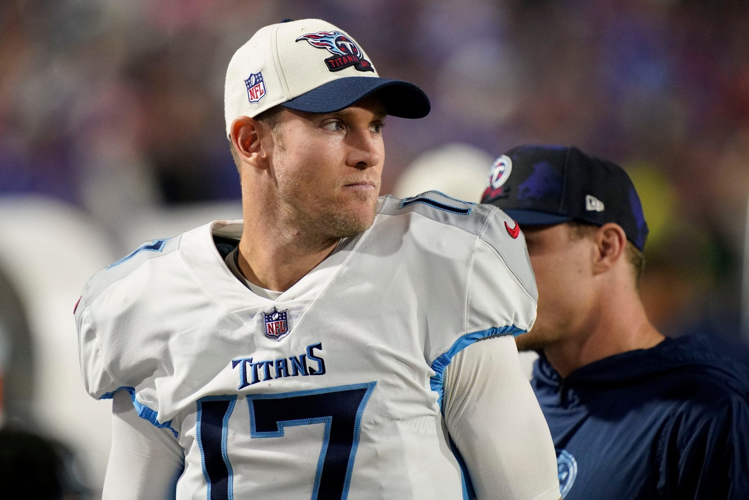 Tennessee Titans quarterback Ryan Tannehill (17) walks the sidelines after getting taken out of the game during the third quarter against the Buffalo Bills at Highmark Stadium Monday, Sept. 19, 2022, in Orchard Park, New York. Nfl Tennessee Titans At Buffalo Bills