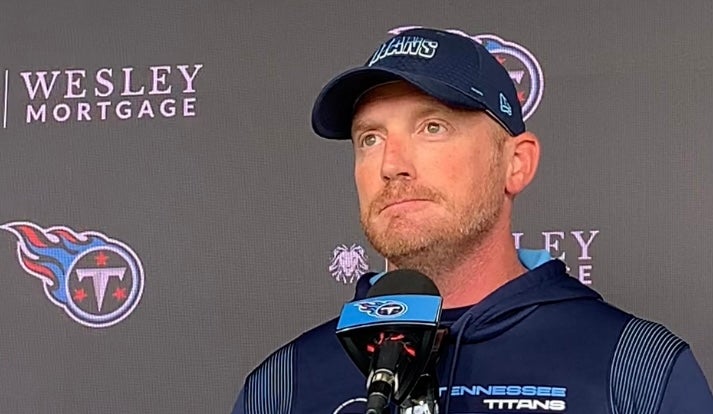 Titans offensive coordinator Todd Downing addresses the media on Friday.