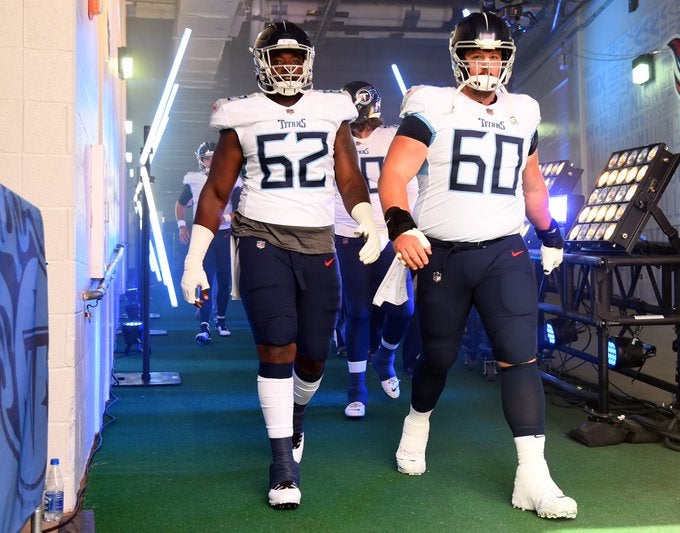 Tennessee Titans left guard Mike Vrabel training camp starter starting Jamarco Jones Aaron Brewer offensive line O-Line