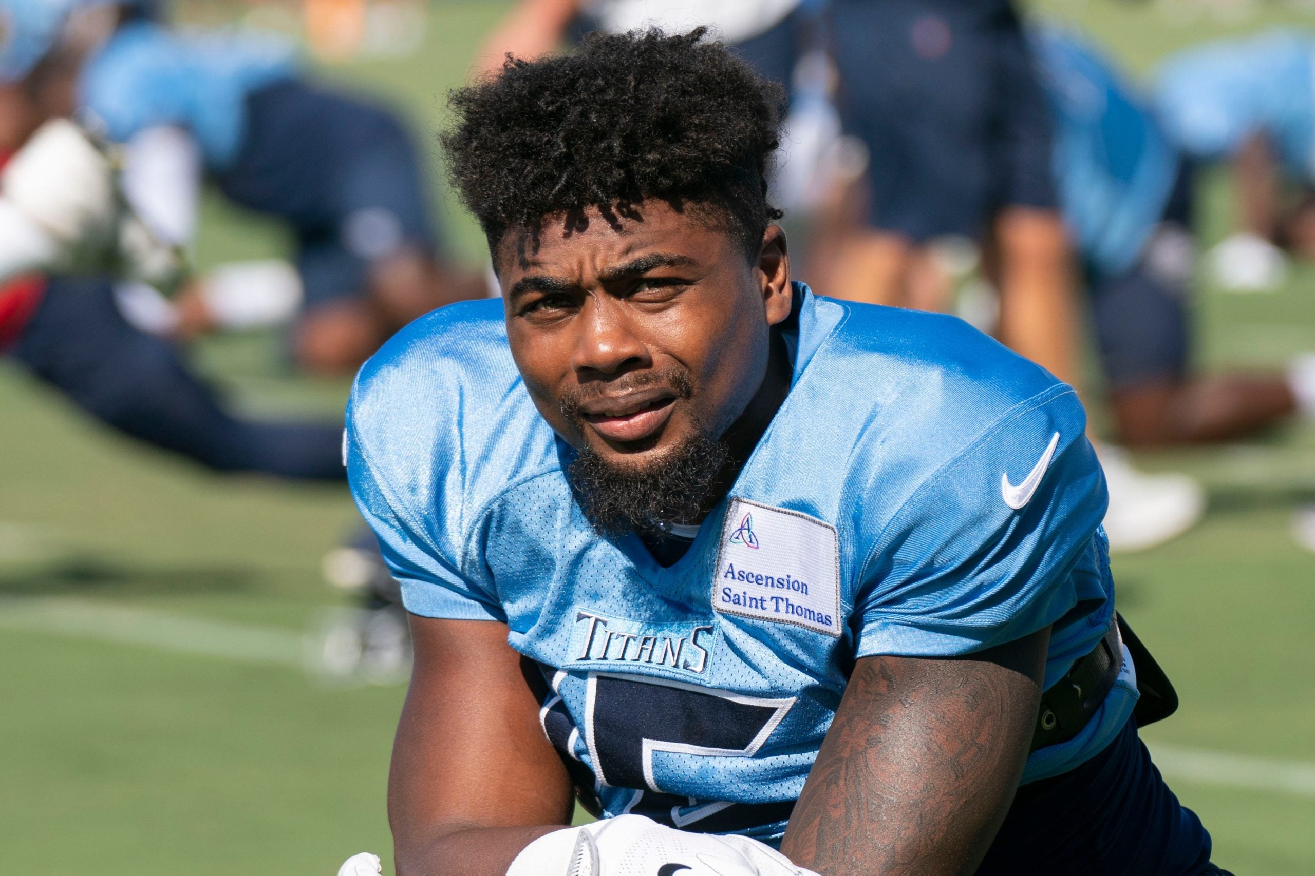Tennessee Titans wide receiver Treylon Burks (16) warms up during a joint training camp practice against the Tampa Bay Buccaneers at Ascension Saint Thomas Sports Park Thursday, Aug. 18, 2022, in Nashville, Tenn. Nas 0818 Titans Bucs 002