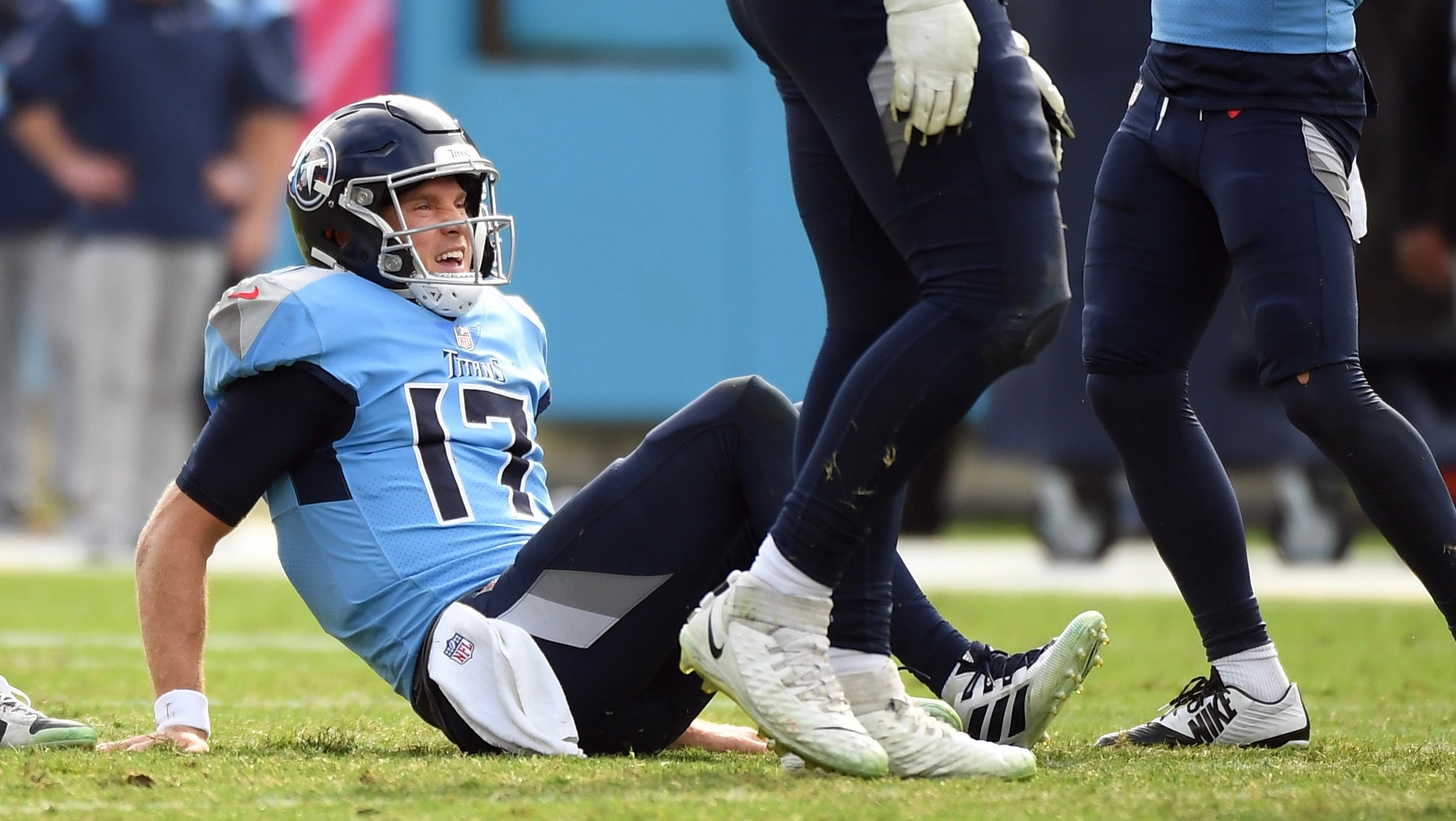 Oct 23, 2022; Nashville, Tennessee, USA; Tennessee Titans quarterback Ryan Tannehill (17) sits on the field after an injury during the second half against the Indianapolis Colts at Nissan Stadium. Mandatory Credit: Christopher Hanewinckel-USA TODAY Sports