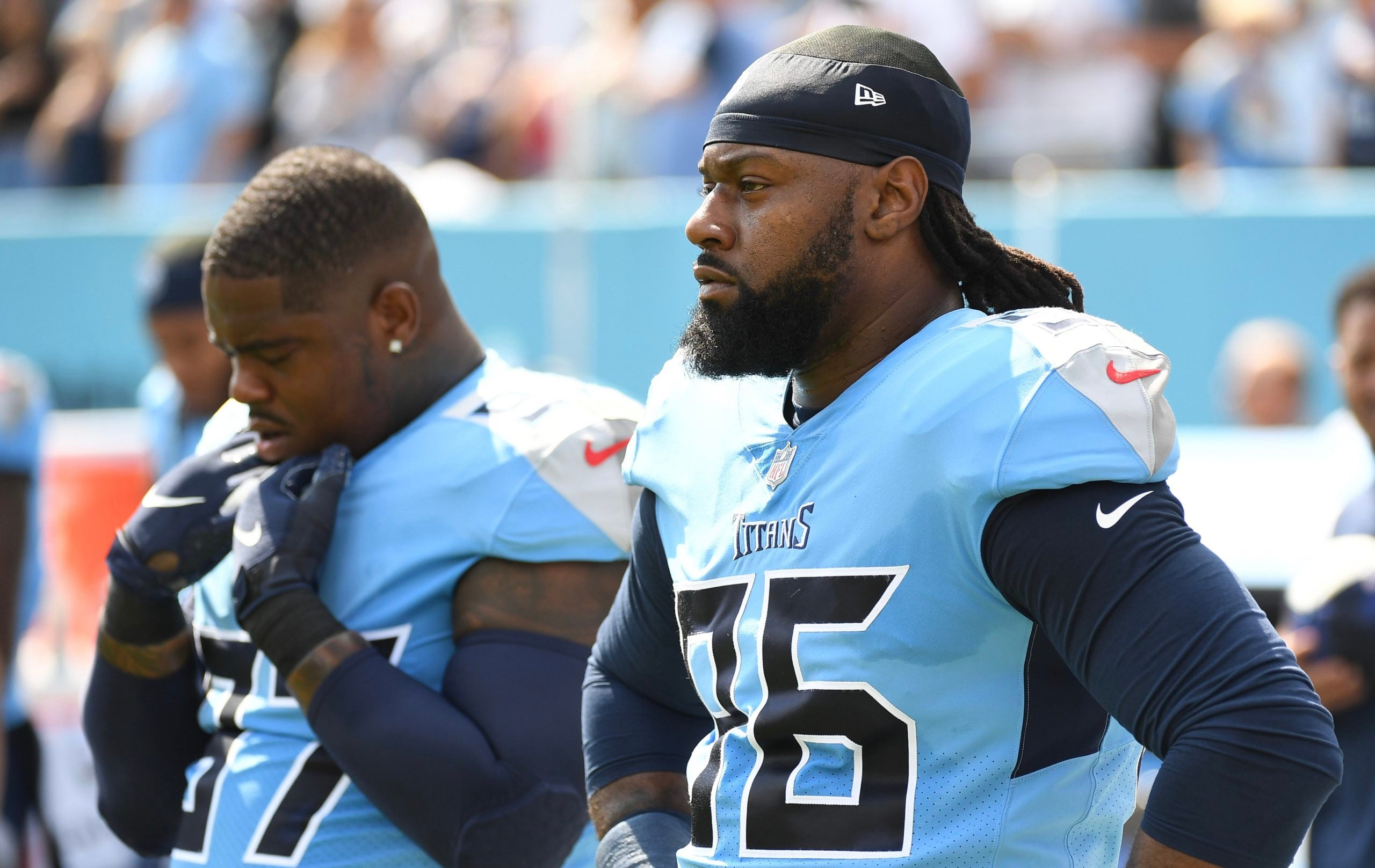 Sep 25, 2022; Nashville, Tennessee, USA; Tennessee Titans defensive end Denico Autry (96) during the national anthem before the game against the Las Vegas Raiders at Nissan Stadium. Mandatory Credit: Christopher Hanewinckel-USA TODAY Sports
