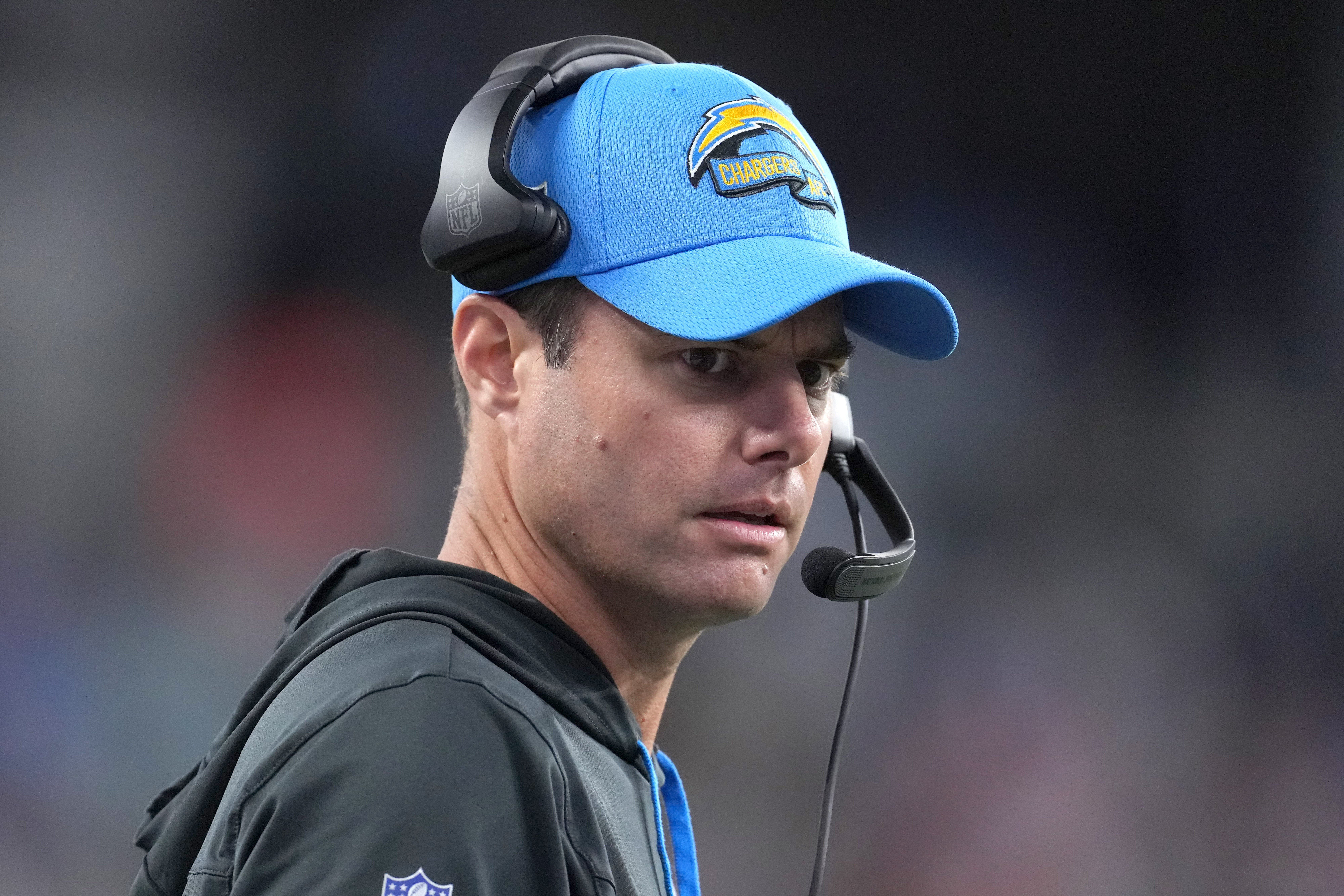 Dec 11, 2022; Inglewood, California, USA;Los Angeles Chargers head coach Brandon Staley reacts against the Miami Dolphins in the first half at SoFi Stadium. Mandatory Credit: Kirby Lee-USA TODAY Sports
