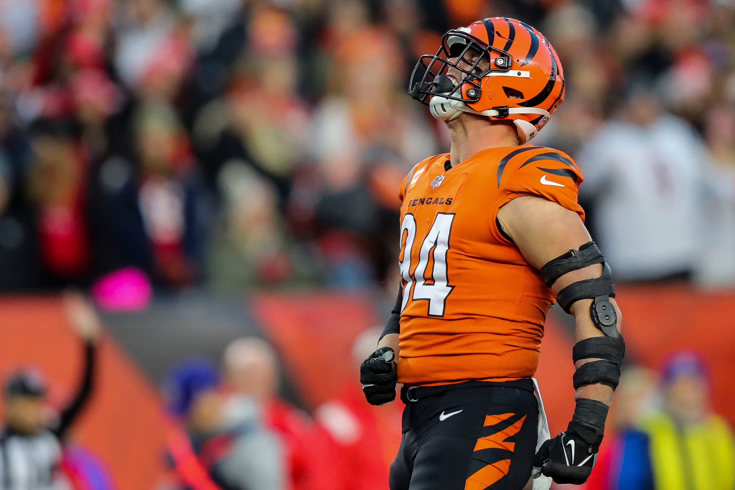 Dec 4, 2022; Cincinnati, Ohio, USA; Cincinnati Bengals defensive end Sam Hubbard (94) reacts after sacking Kansas City Chiefs quarterback Patrick Mahomes (not pictured) in the first half at Paycor Stadium. Mandatory Credit: Katie Stratman-USA TODAY Sports