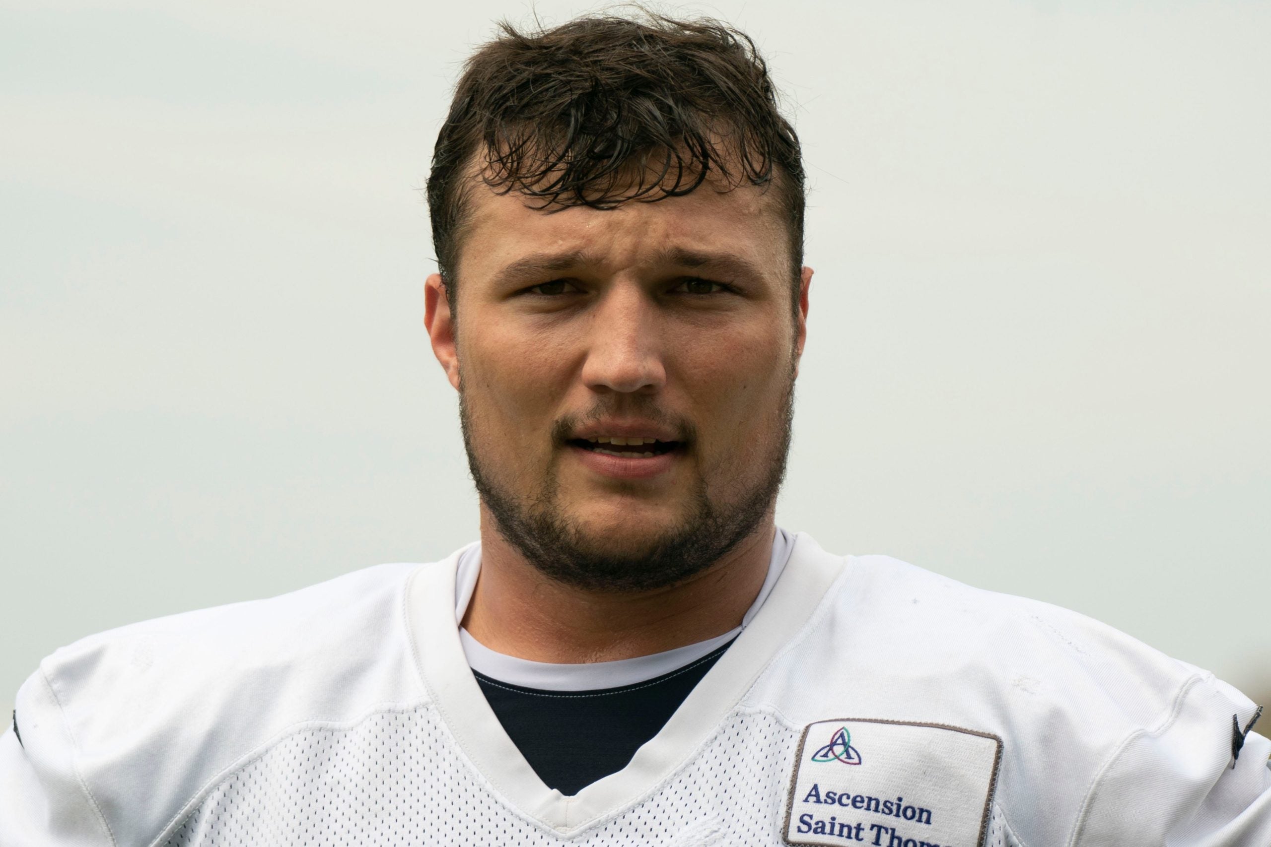 Tennessee Titans offensive tackle Dillon Radunz (75) walks off the field after a training camp practice at Ascension Saint Thomas Sports Park Saturday, July 30, 2022, in Nashville, Tenn. Nas 0730 Titans 047