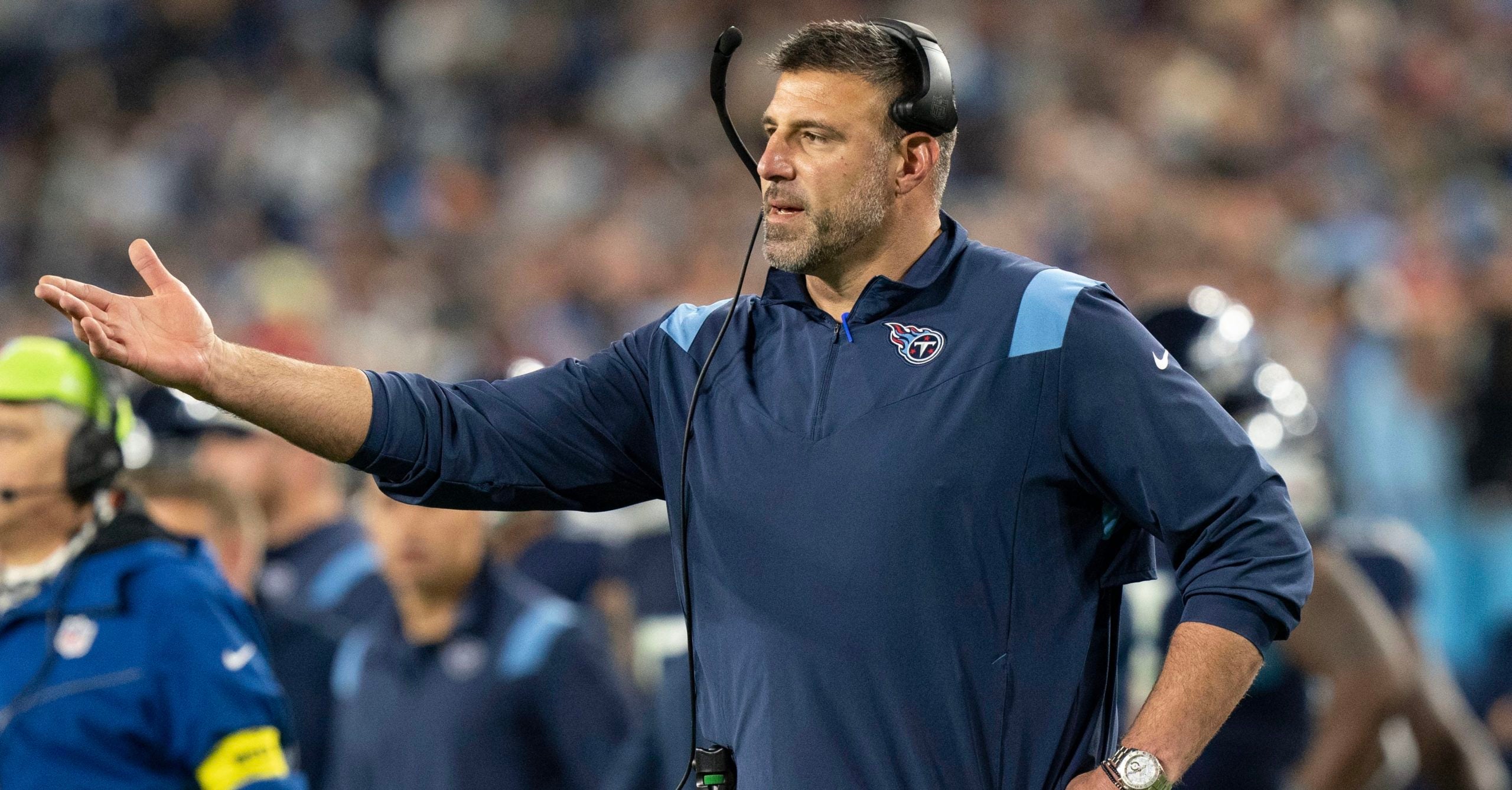 Tennessee Titans head coach Mike Vrabel questions a referees call during the third quarter of the game against the Dallas Cowboys  at Nissan Stadium Thursday, Dec. 29, 2022, in Nashville, Tenn. Nfl Dallas Cowboys At Tennessee Titans