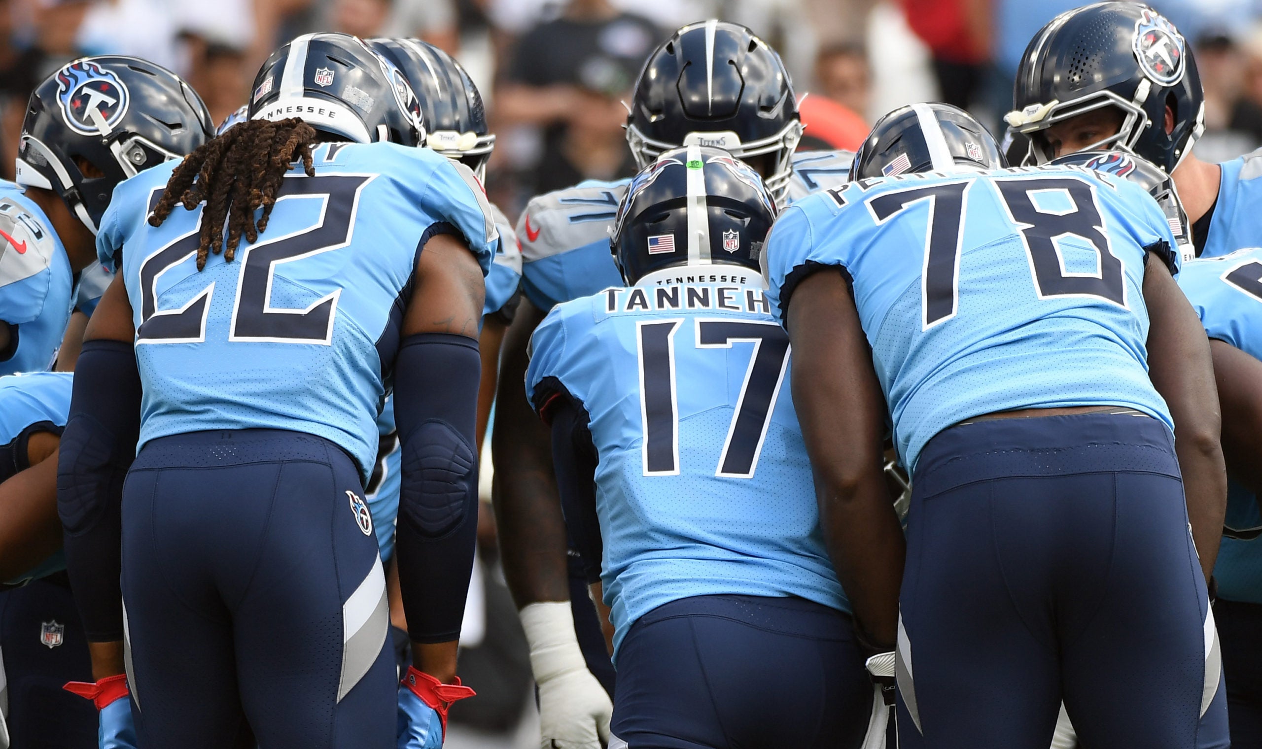 Sep 25, 2022; Nashville, Tennessee, USA; Tennessee Titans quarterback Ryan Tannehill (17) talks in the huddle during the first half against the Las Vegas Raiders at Nissan Stadium. Mandatory Credit: Christopher Hanewinckel-USA TODAY Sports