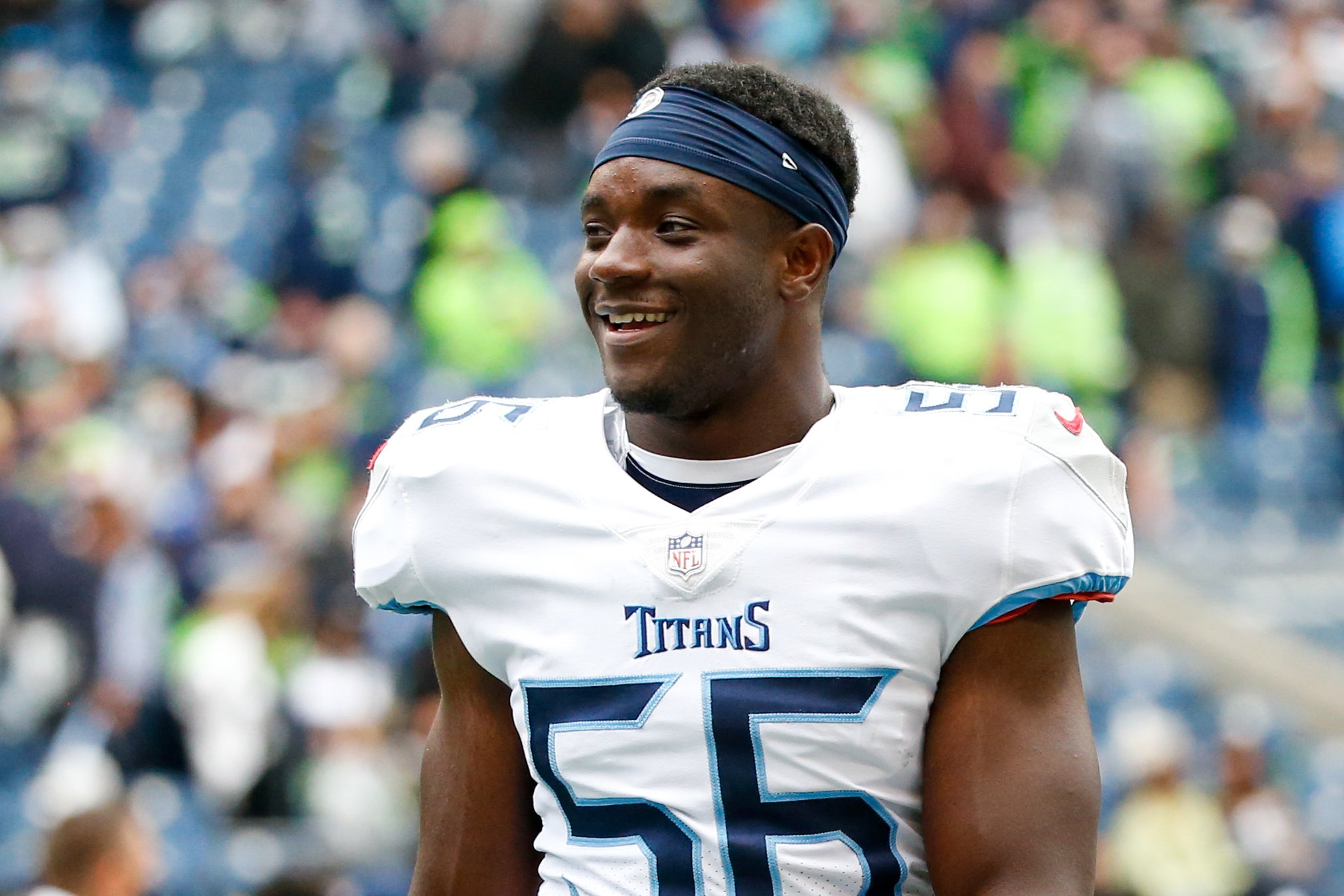 Sep 19, 2021; Seattle, Washington, USA; Tennessee Titans linebacker Monty Rice (56) walks to the locker room following a 33-30 overtime victory against the Seattle Seahawks at Lumen Field. Mandatory Credit: Joe Nicholson-USA TODAY Sports