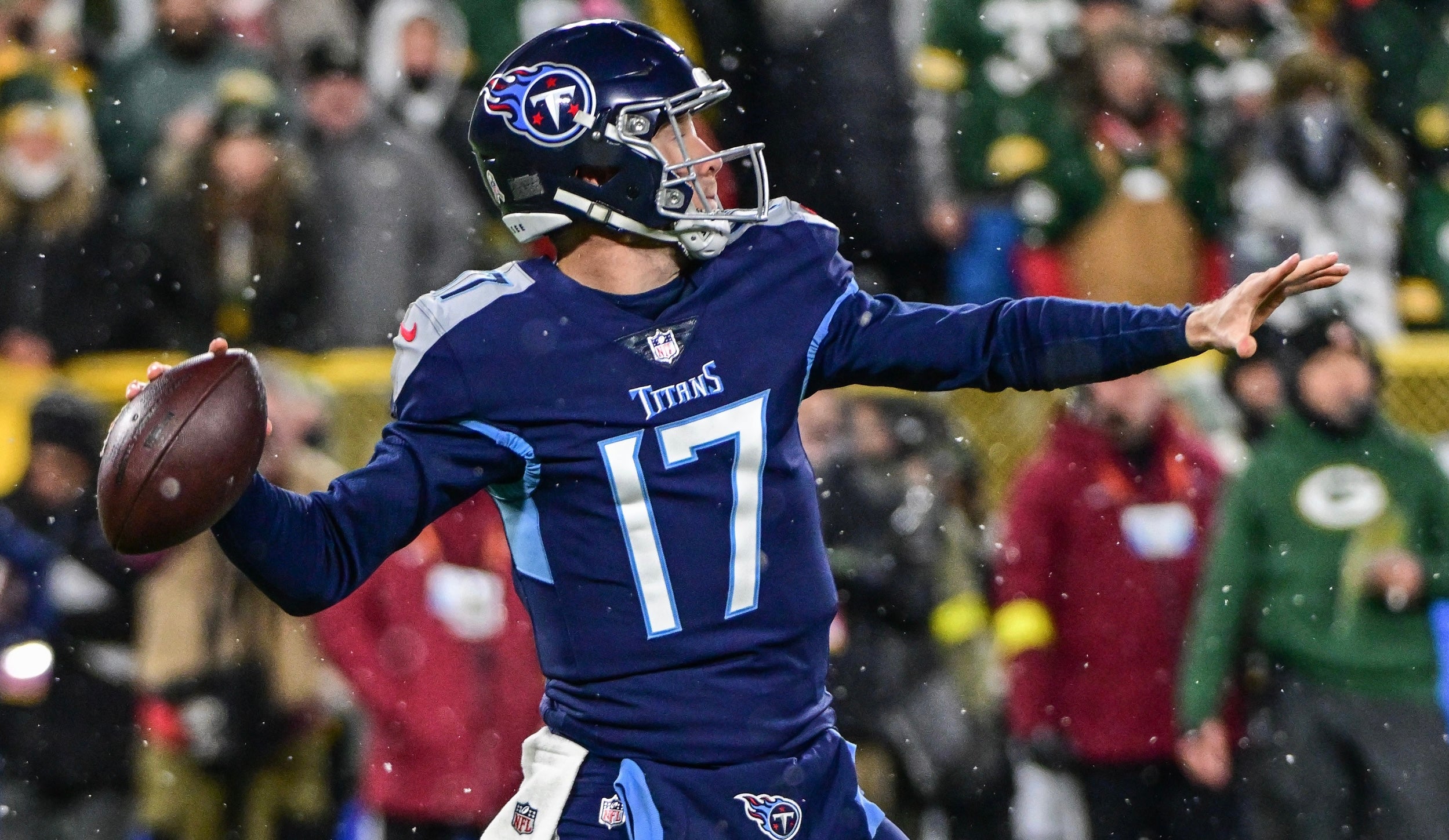 Nov 17, 2022; Green Bay, Wisconsin, USA; Tennessee Titans quarterback Ryan Tannehill (17) throws a pass in the first quarter during game against the Green Bay Packers at Lambeau Field. Mandatory Credit: Benny Sieu-USA TODAY Sports