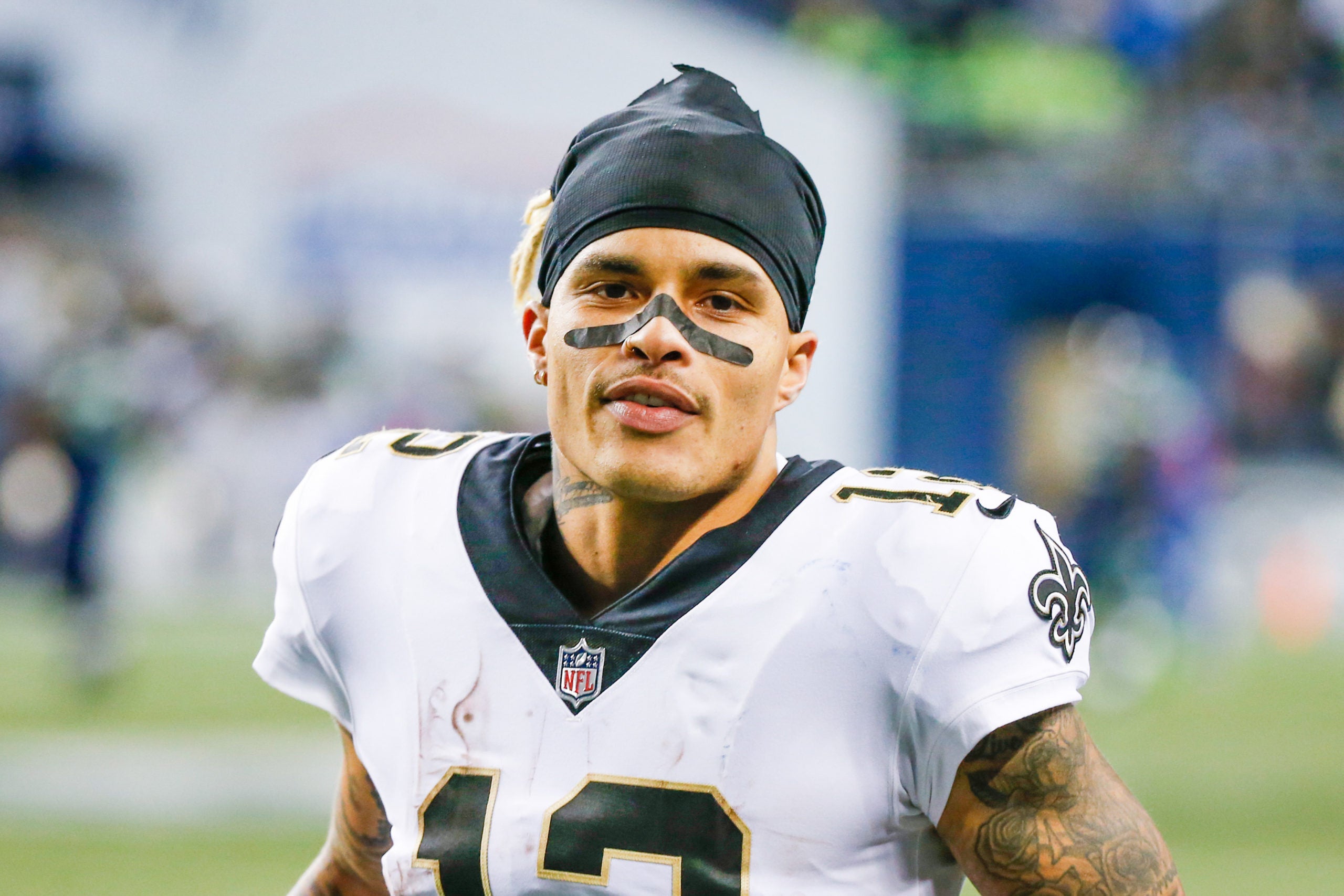 Oct 25, 2021; Seattle, Washington, USA; New Orleans Saints wide receiver Kenny Stills (12) walks to the locker room following the first half against the Seattle Seahawks at Lumen Field. Mandatory Credit: Joe Nicholson-USA TODAY Sports