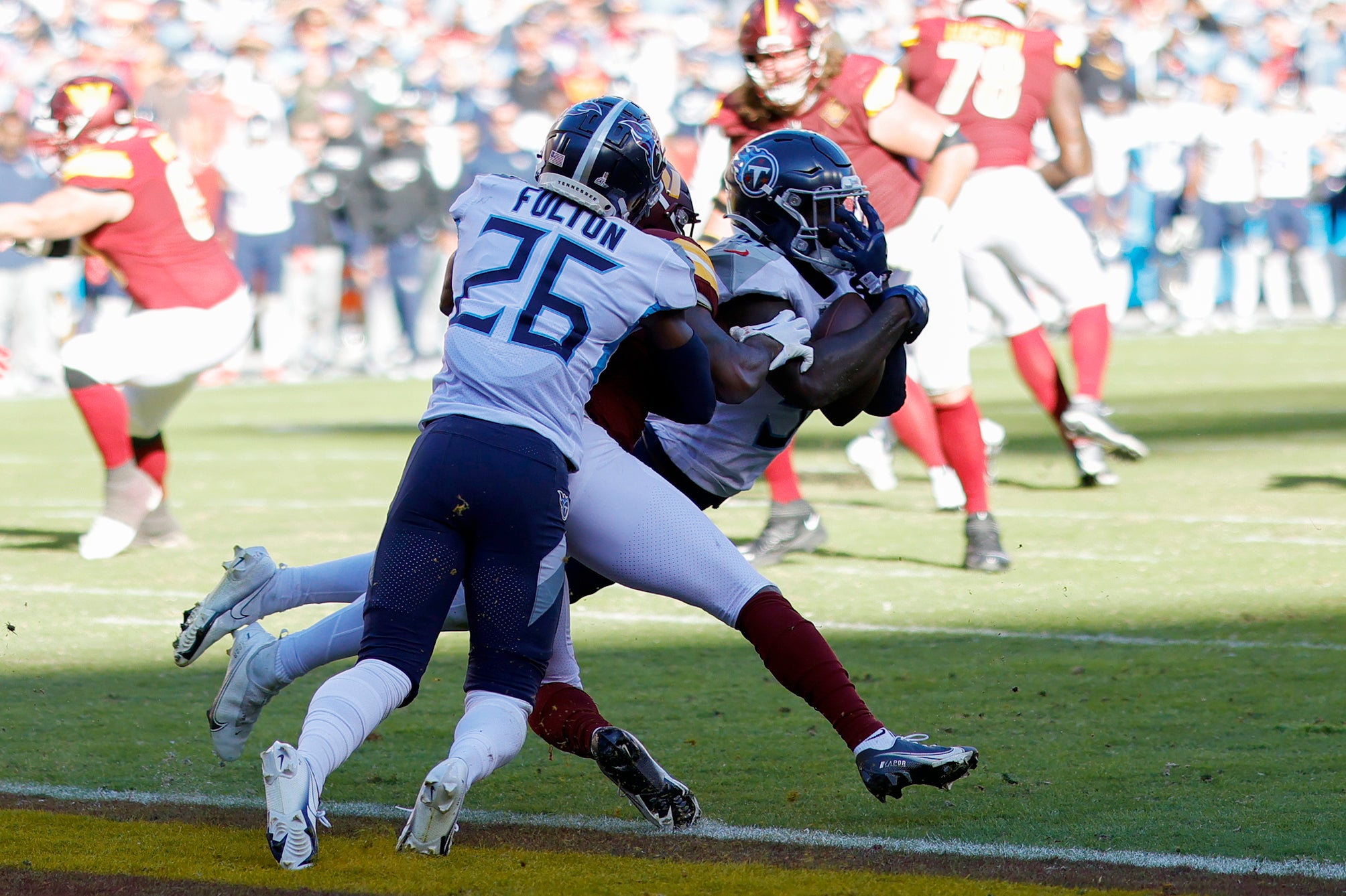 Oct 9, 2022; Landover, Maryland, USA; Tennessee Titans linebacker David Long Jr. (51) intercepts a pass on the goal line against the Washington Commanders in the closing seconds of the fourth quarter at FedExField. Mandatory Credit: Geoff Burke-USA TODAY Sports
