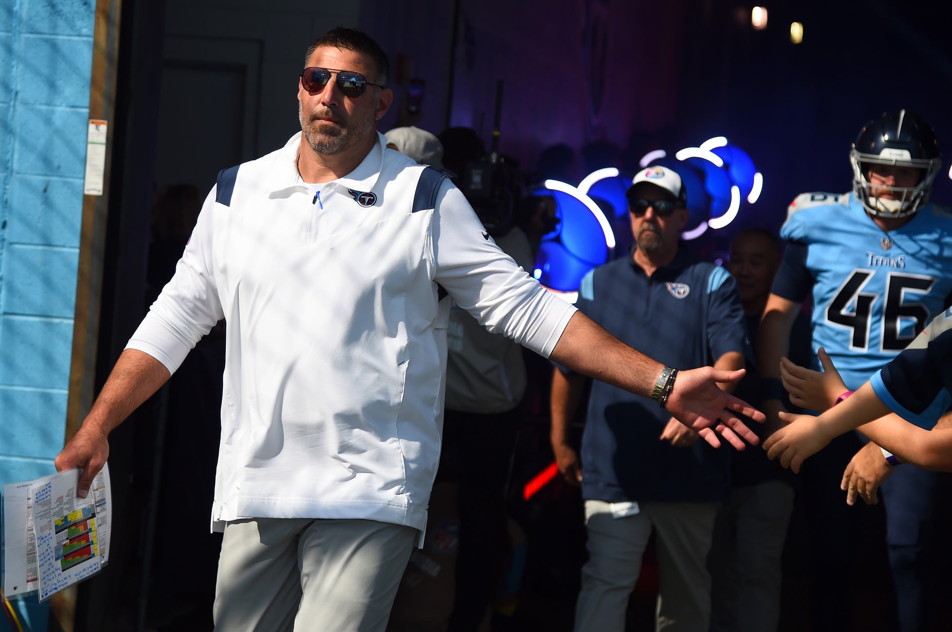 Oct 23, 2022; Nashville, Tennessee, USA; Tennessee Titans head coach Mike Vrabel takes the field before the game against the Indianapolis Colts at Nissan Stadium. Mandatory Credit: Christopher Hanewinckel-USA TODAY Sports