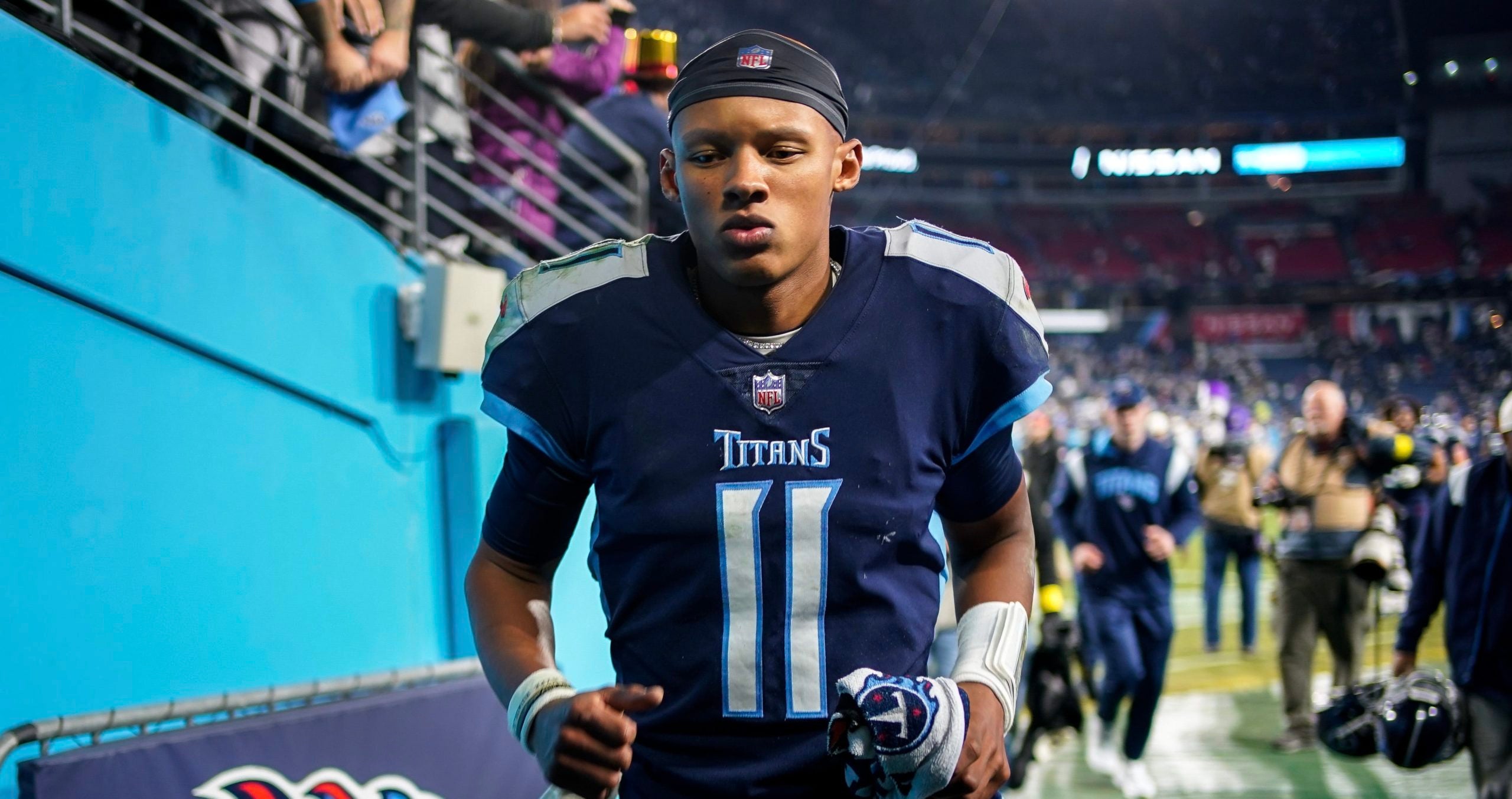 Tennessee Titans quarterback Joshua Dobbs (11) exits the field after losing to the Dallas Cowboys at Nissan Stadium Thursday, Dec. 29, 2022, in Nashville, Tenn. Nfl Dallas Cowboys At Tennessee Titans