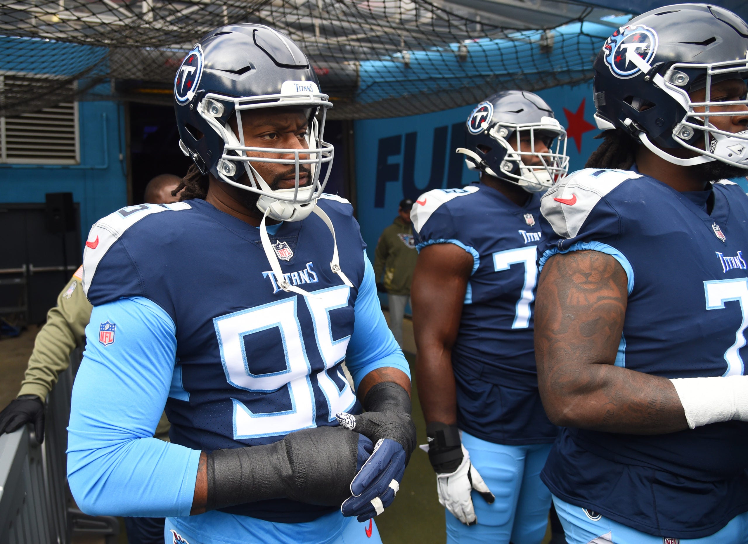 Nov 13, 2022; Nashville, Tennessee, USA; Tennessee Titans defensive end Denico Autry (96) waits to take the field before the game against the Denver Broncos at Nissan Stadium. Mandatory Credit: Christopher Hanewinckel-USA TODAY Sports