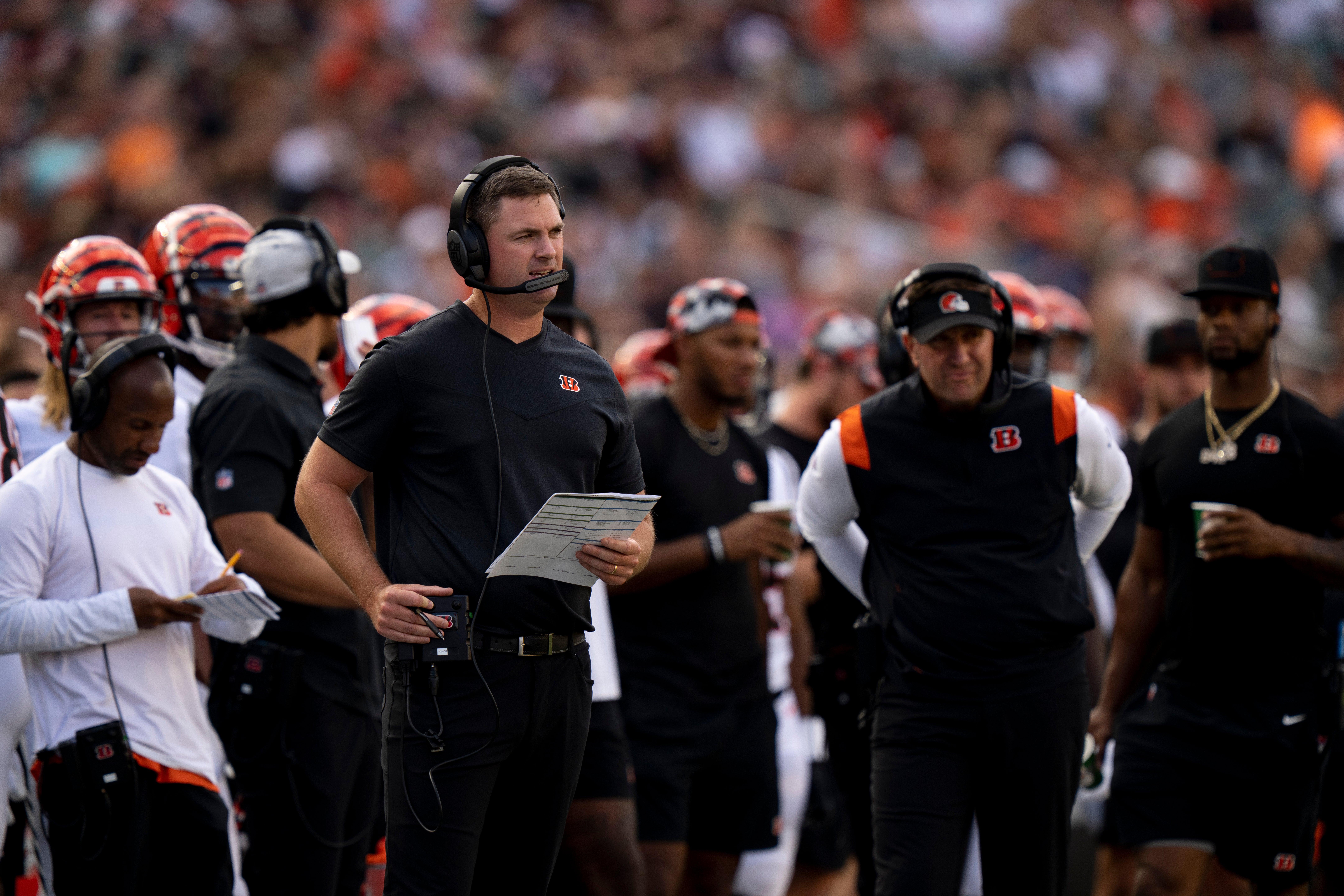 Aug 27, 2022; Cincinnati, Ohio, USA; Cincinnati Bengals head coach Zac Taylor looks on from the sidelines in the first quarter of a preseason game against the Los Angeles Rams at Paycor Stadium. Mandatory Credit: Albert Cesare-USA TODAY Sports