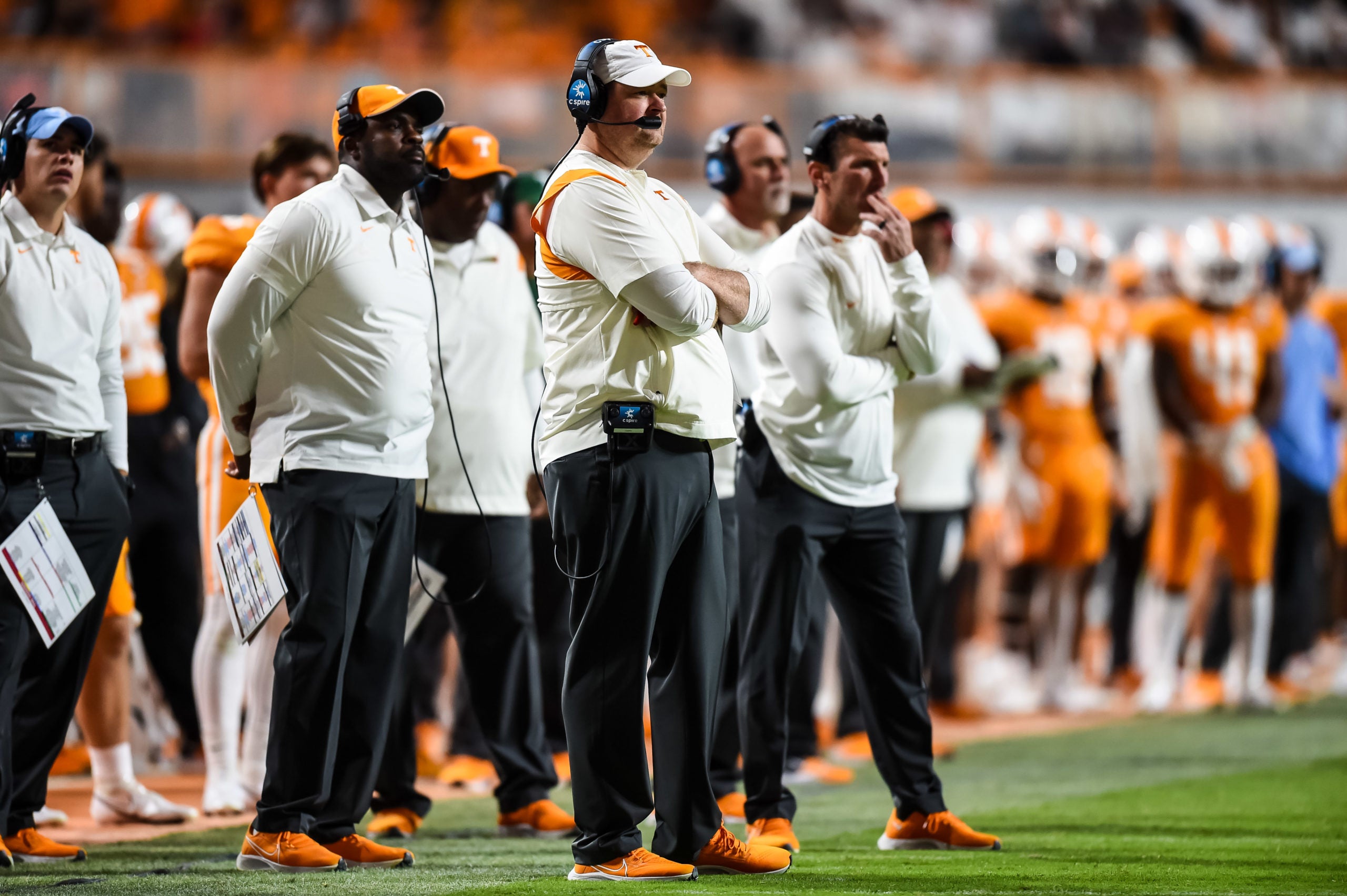 Oct 16, 2021; Knoxville, Tennessee, USA; Tennessee Volunteers head coach Josh Heupel during the second half against the Mississippi Rebels at Neyland Stadium. Mandatory Credit: Bryan Lynn-USA TODAY Sports