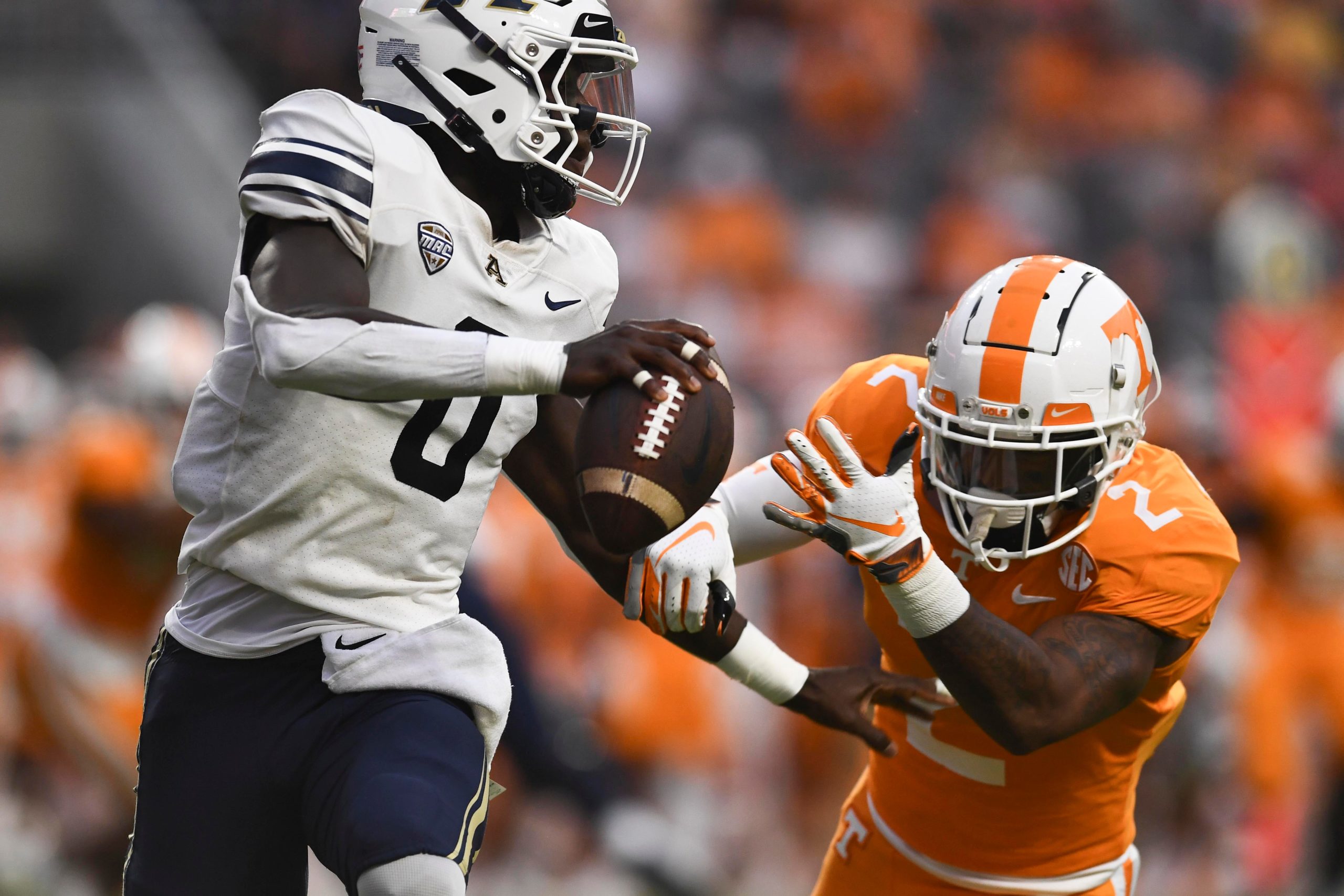 Akron quarterback DJ Irons (0) is pressured by Tennessee defensive back Jaylen McCollough (2) during an NCAA college football game against Akron on Saturday, September 17, 2022 in Knoxville, Tenn. Utvakron0917