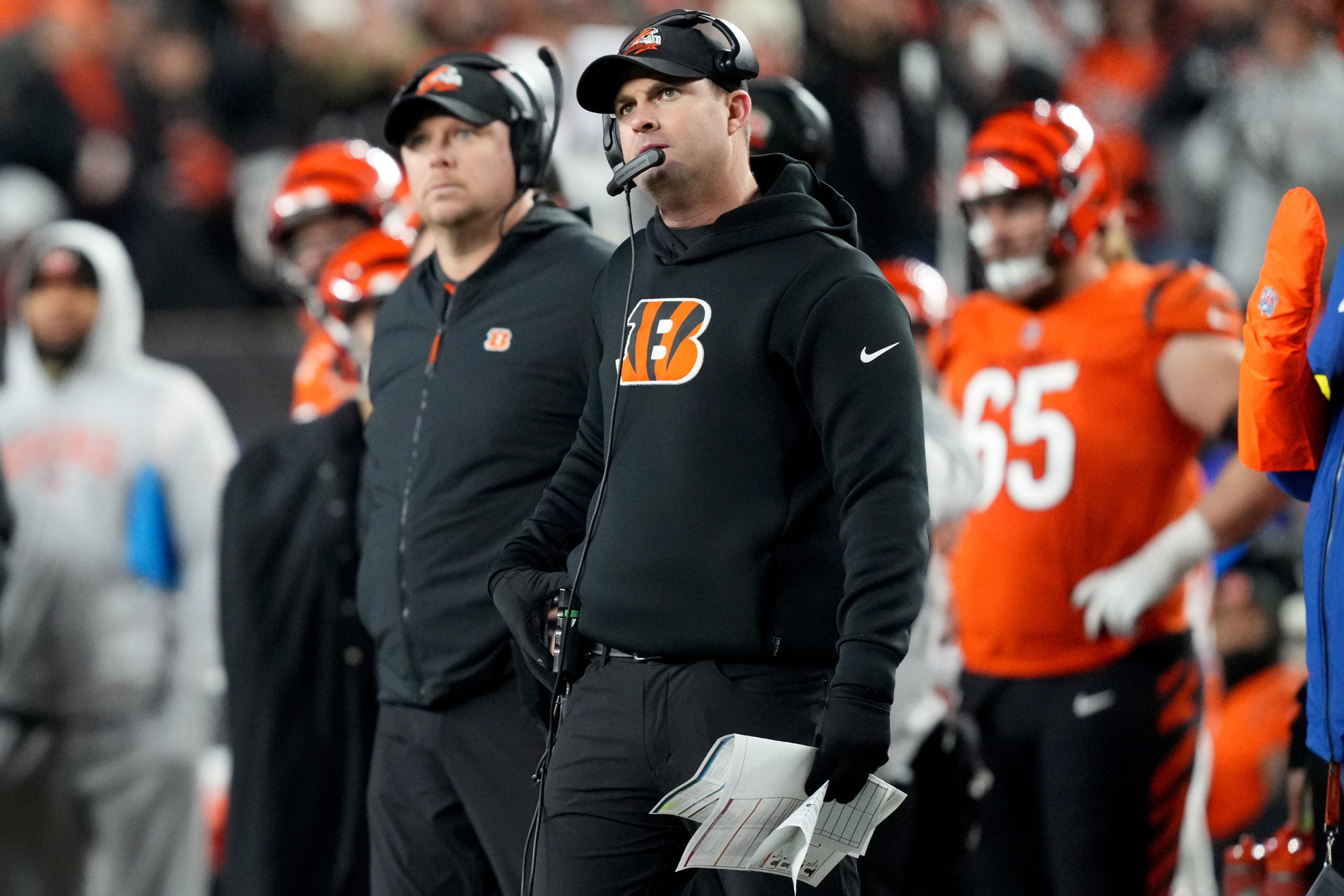 Dec 4, 2022; Cincinnati, Ohio, USA; Cincinnati Bengals head coach Zac Taylor reacts to a touchdown by Kansas City Chiefs quarterback Patrick Mahomes (15) (not pictured) in the third quarter of a Week 13 NFL game at Paycor Stadium. Mandatory Credit: Kareem Elgazzar-USA TODAY Sports