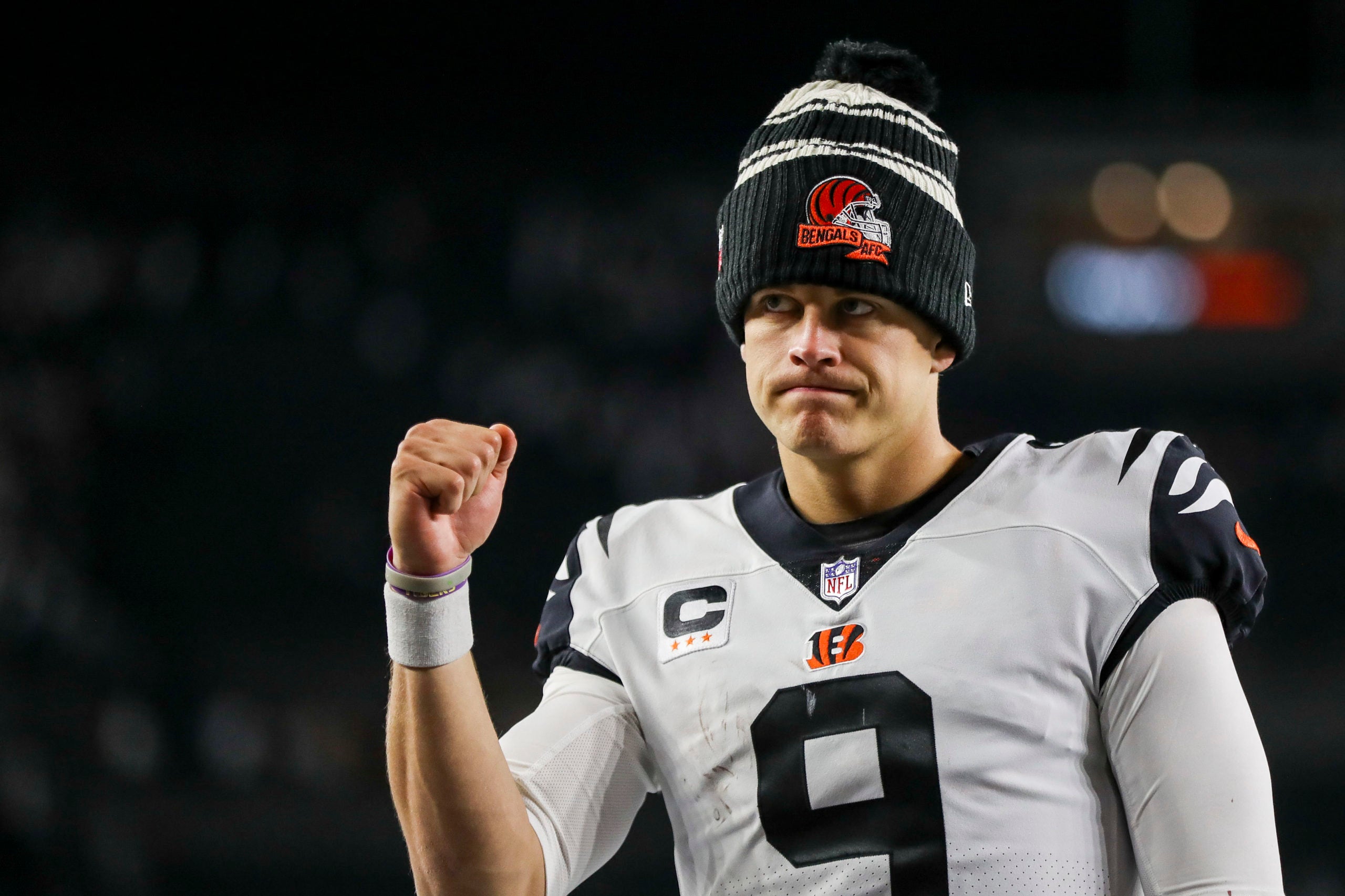 Sep 29, 2022; Cincinnati, Ohio, USA; Cincinnati Bengals quarterback Joe Burrow (9) walks off the field after their victory over the Miami Dolphins at Paycor Stadium. Mandatory Credit: Katie Stratman-USA TODAY Sports