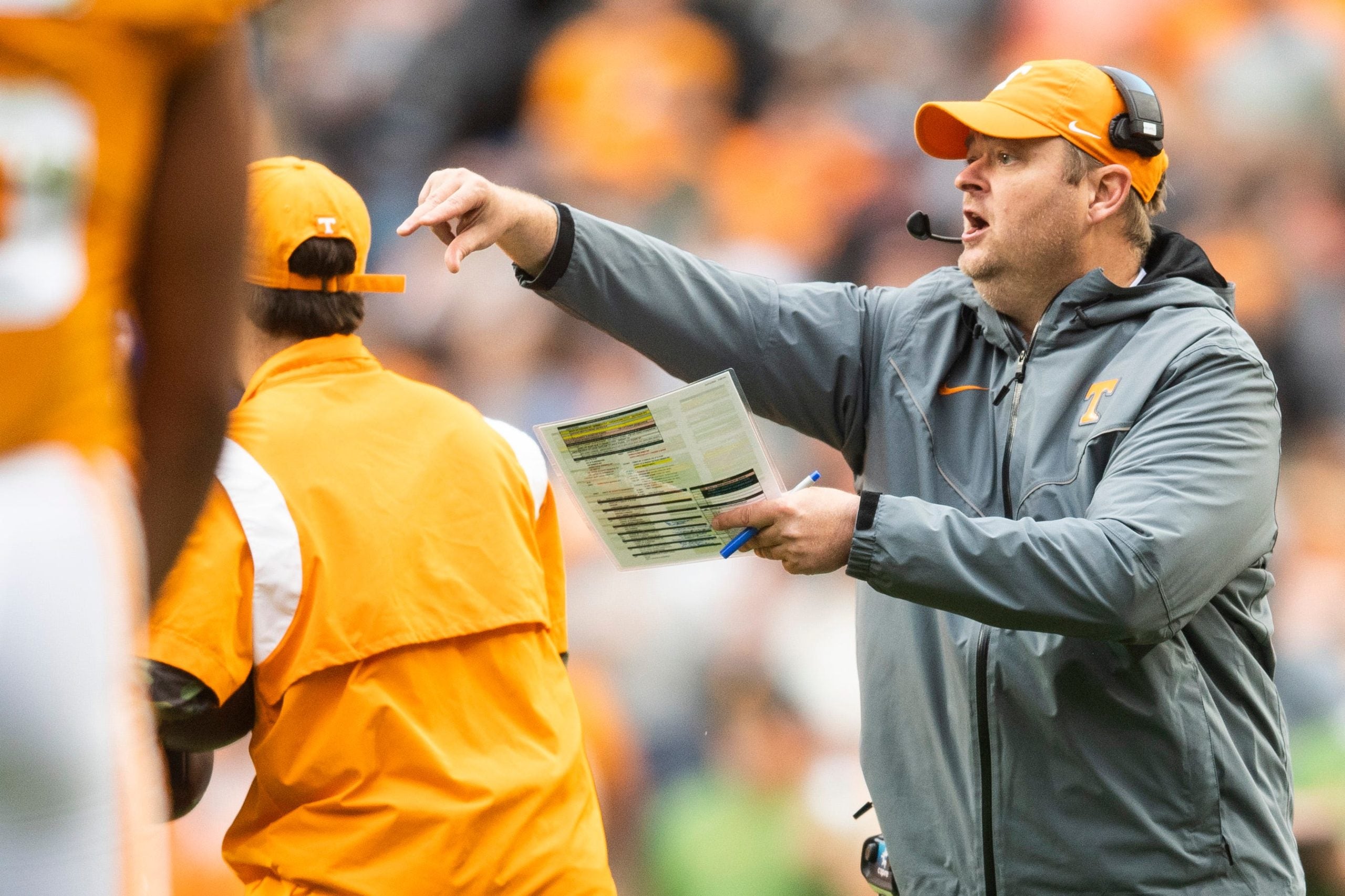 Tennessee head football coach Josh Heupel yells to the field during a game between Tennessee and Missouri in Neyland Stadium, Saturday, Nov. 12, 2022. Volsmizzou1112 0632