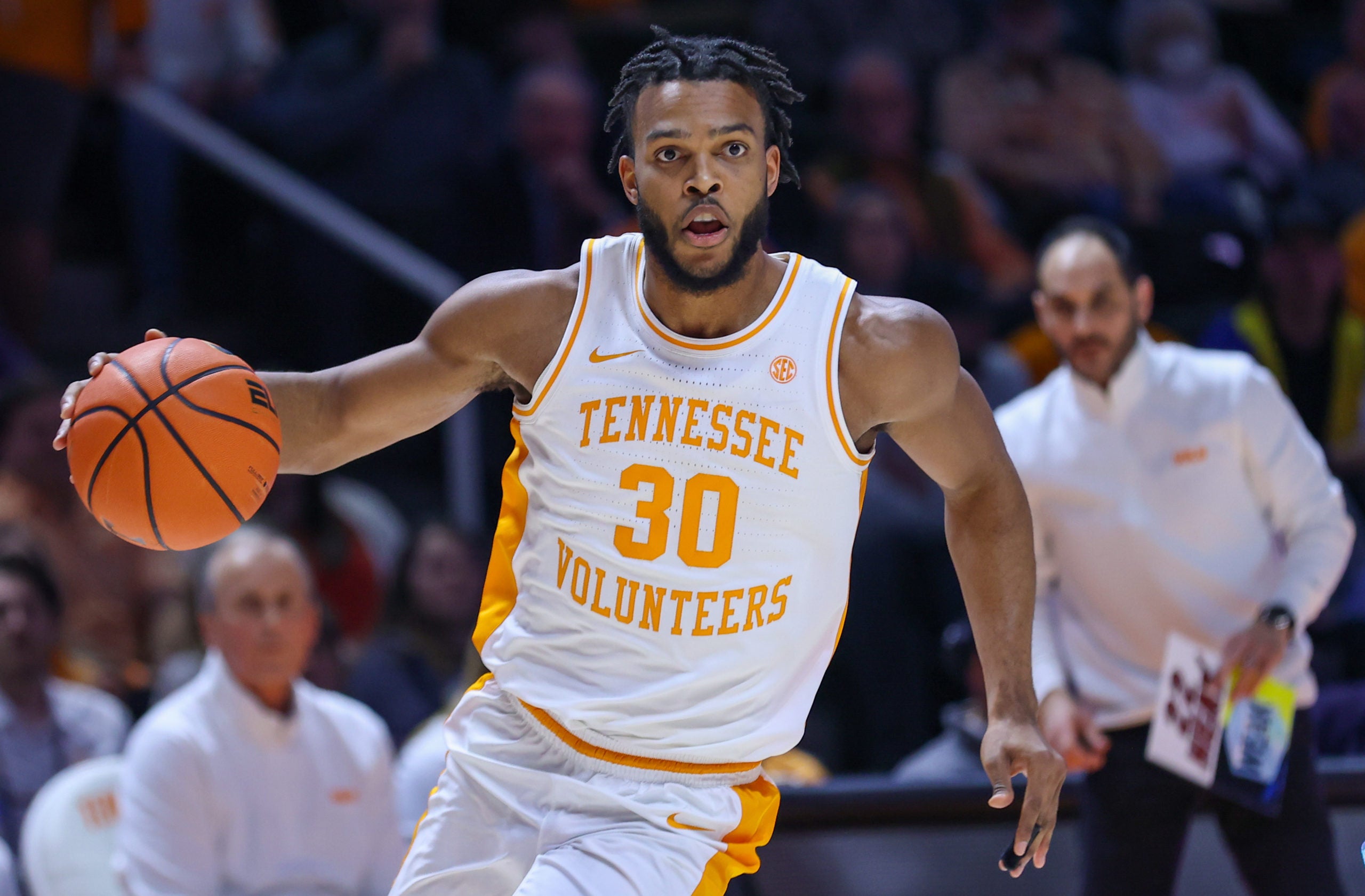 Feb 1, 2022; Knoxville, Tennessee, USA; Tennessee Volunteers guard Josiah-Jordan James (30) controls the ball against the Texas A&M Aggies during the second half at Thompson-Boling Arena. Mandatory Credit: Randy Sartin-USA TODAY Sports