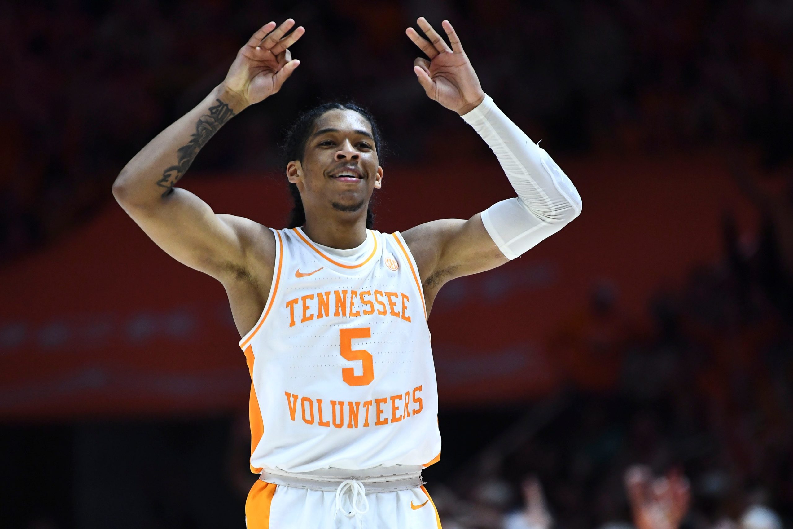 Tennessee guard Zakai Zeigler (5) celebrates after hitting a 3-pointer against Kentucky during the NCAA college basketball game in Knoxville, Tenn. on Tuesday, February 15, 2022. Px Uthoops Kentucky
