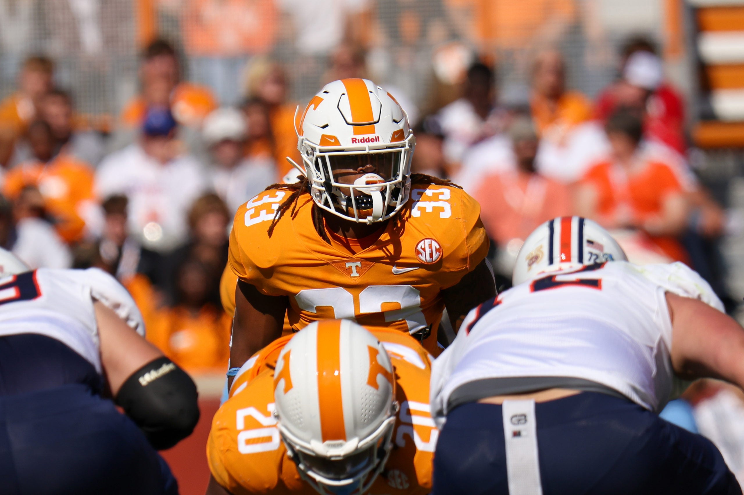 Oct 22, 2022; Knoxville, Tennessee, USA; Tennessee Volunteers linebacker Jeremy Banks (33) during the first quarter against the Tennessee Martin Skyhawks at Neyland Stadium. Mandatory Credit: Randy Sartin-USA TODAY Sports