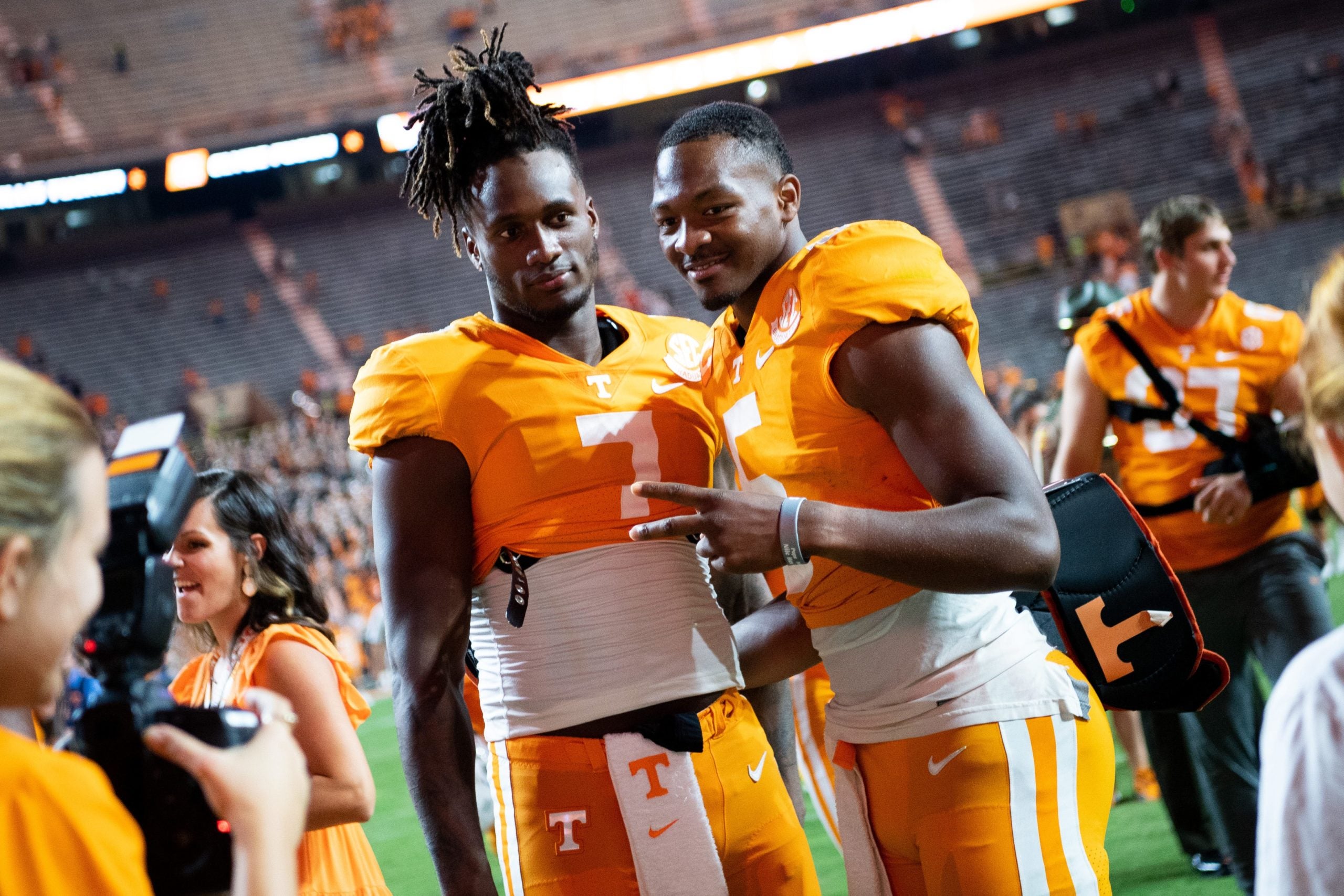 Tennessee quarterbacks Joe Milton III (7) and Hendon Hooker (5) after Tennessee's football game against Akron in Neyland Stadium in Knoxville, Tenn., on Saturday, Sept. 17, 2022. Kns Ut Akron Football