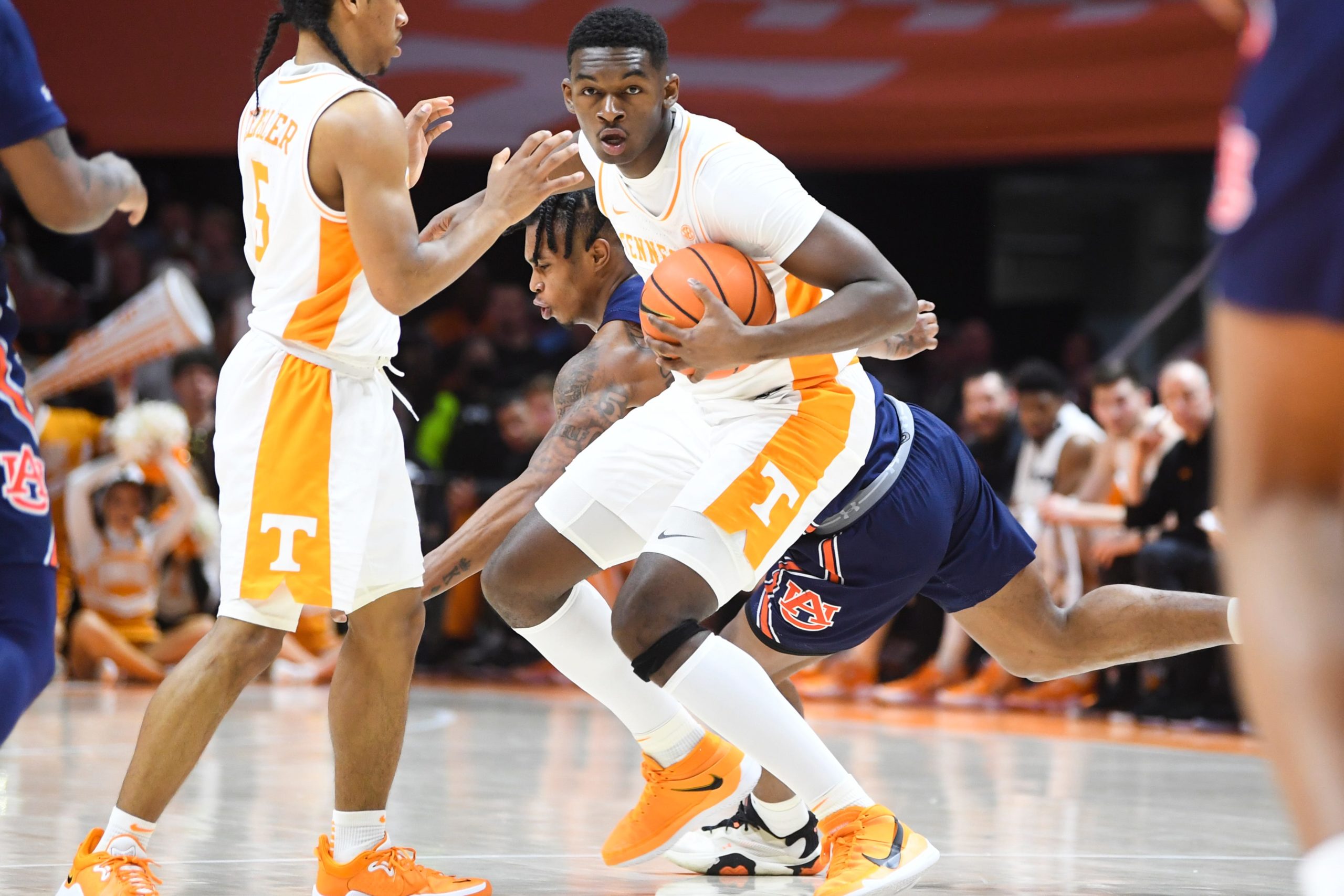 Feb 9, 2022; Starkville, Mississippi, USA; Tennessee Volunteers guard Kennedy Chandler (1) handles the ball while defended by Mississippi State Bulldogs guard Iverson Molinar (1) during the first half at Humphrey Coliseum. Mandatory Credit: Matt Bush-USA TODAY Sports